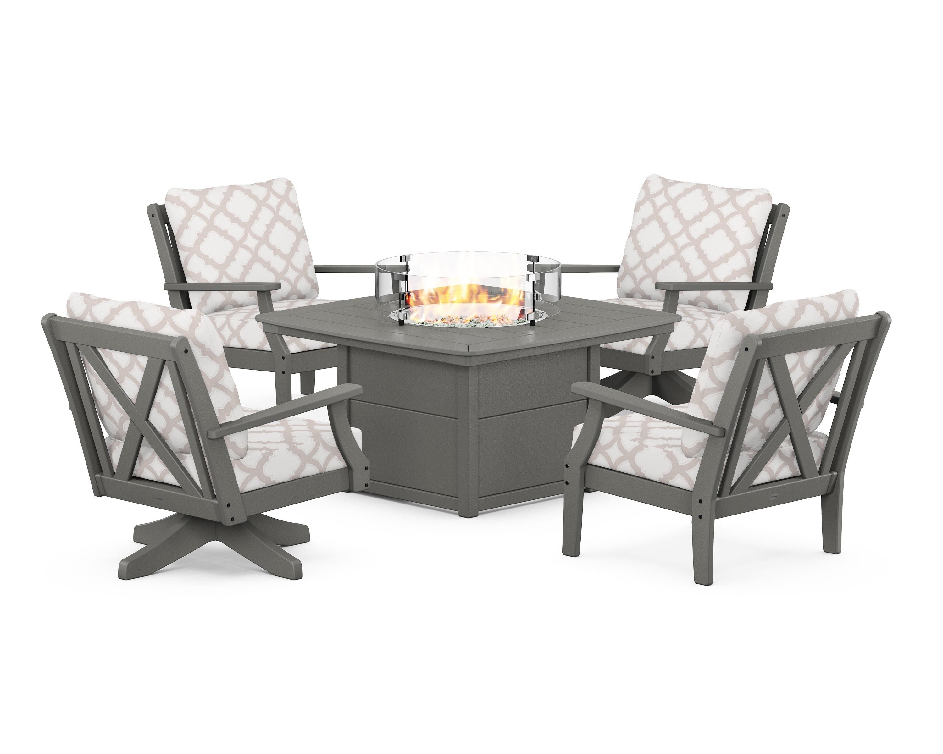 POLYWOOD® Braxton 5-Piece Deep Seating Set with Fire Table in Slate Grey / Trellis Dune Burlap