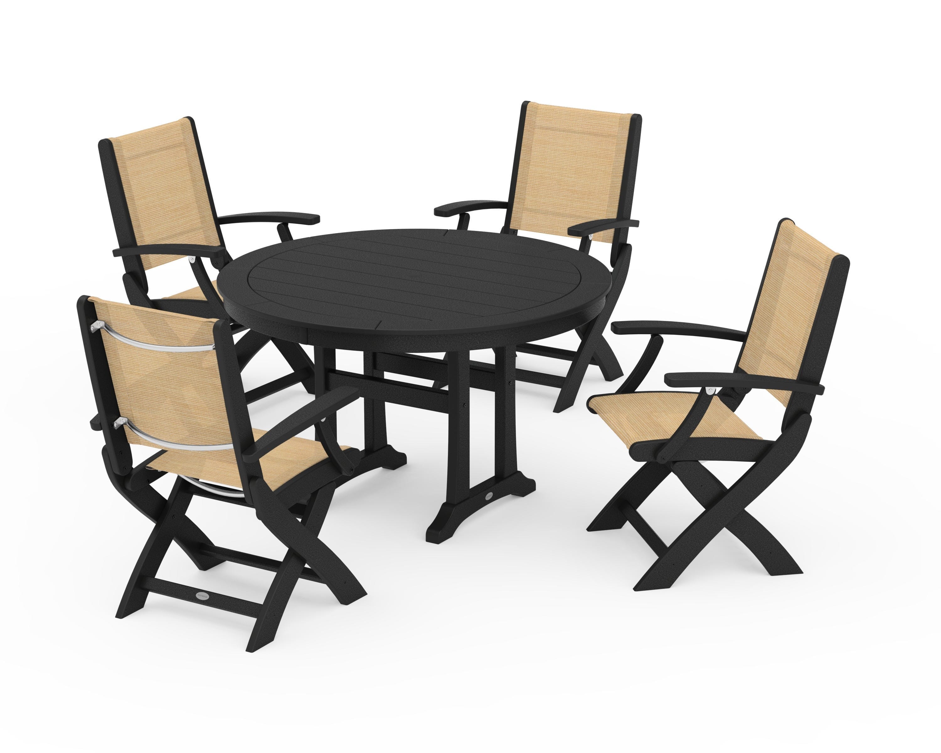 POLYWOOD® Coastal Folding Chair 5-Piece Round Dining Set with Trestle Legs in Black / Dupioni Apricot Sling