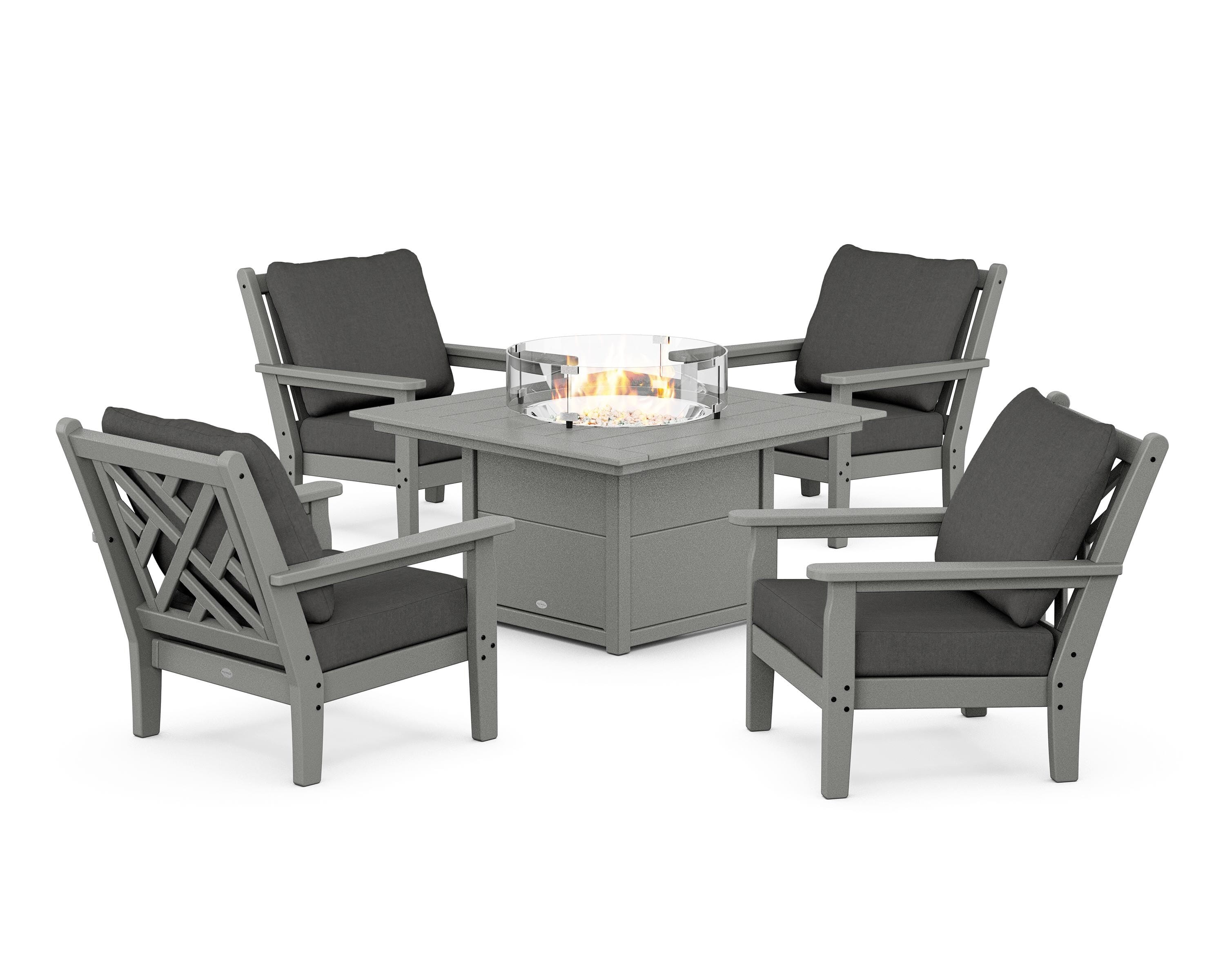 POLYWOOD® Chippendale 5-Piece Deep Seating Set with Fire Pit Table in Slate Grey / Spectrum Carbon