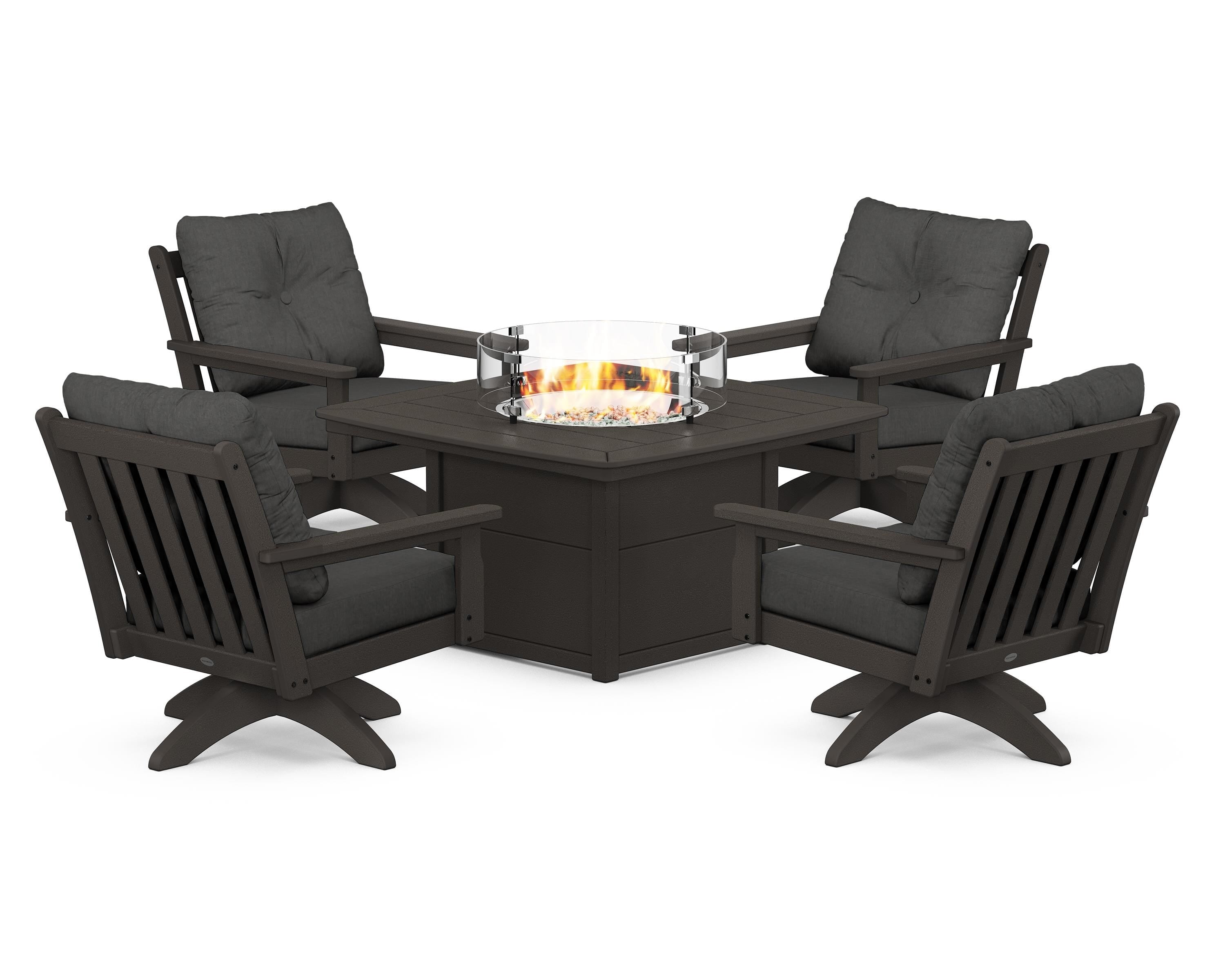 POLYWOOD® Vineyard 5-Piece Deep Seating Swivel Conversation Set with Fire Pit Table in Vintage Coffee / Spectrum Carbon