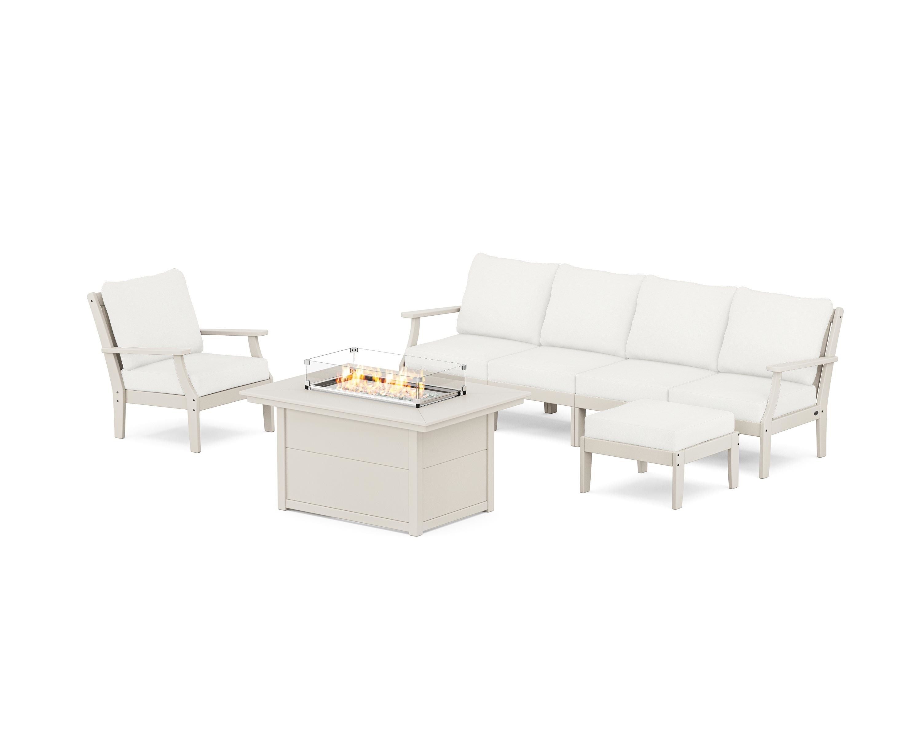 POLYWOOD® Braxton Sectional Lounge and Fire Pit Set in Sand / Natural Linen
