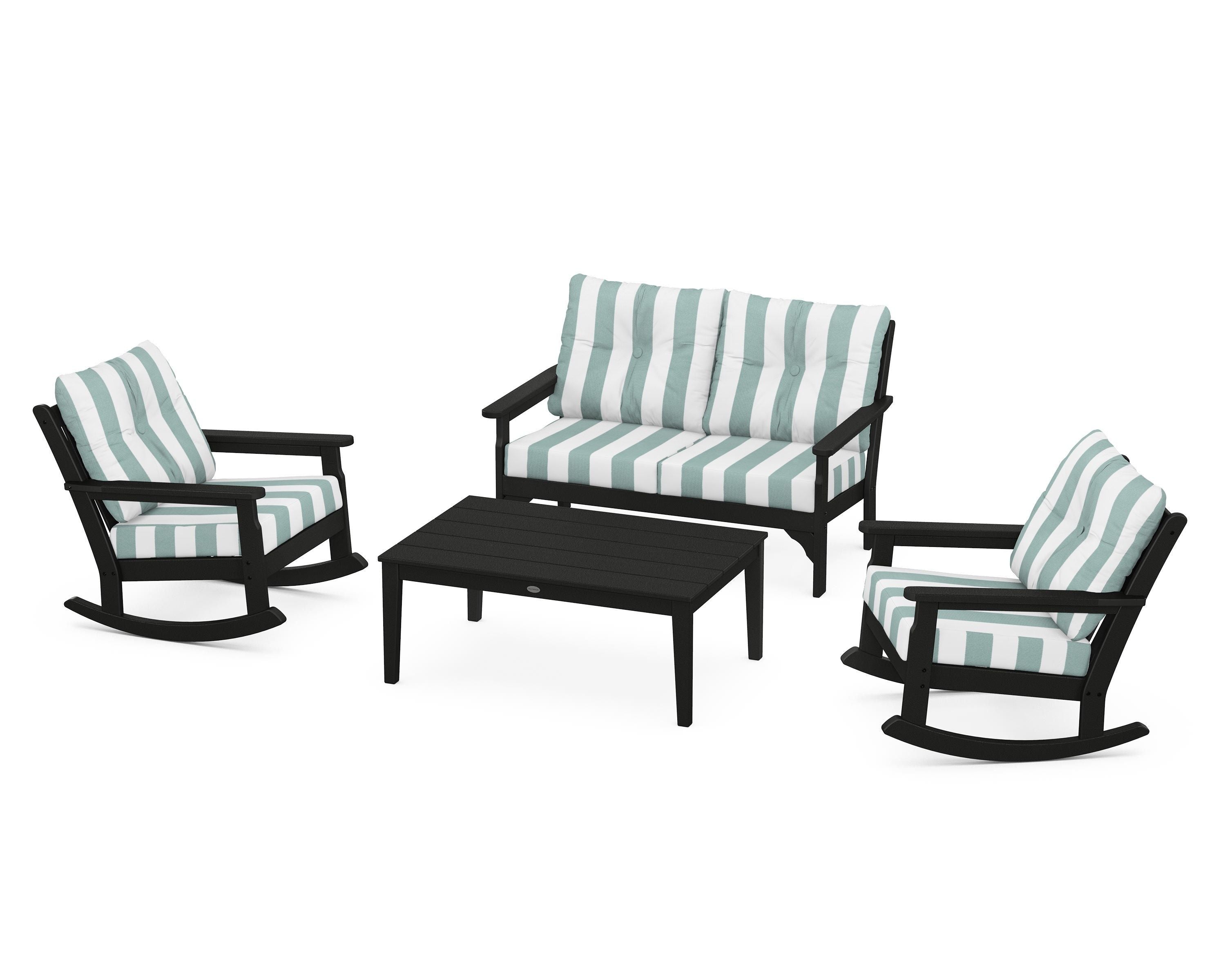 POLYWOOD® Vineyard 4-Piece Deep Seating Rocking Chair Set in Black / Cabana Stripe Glacier Spa