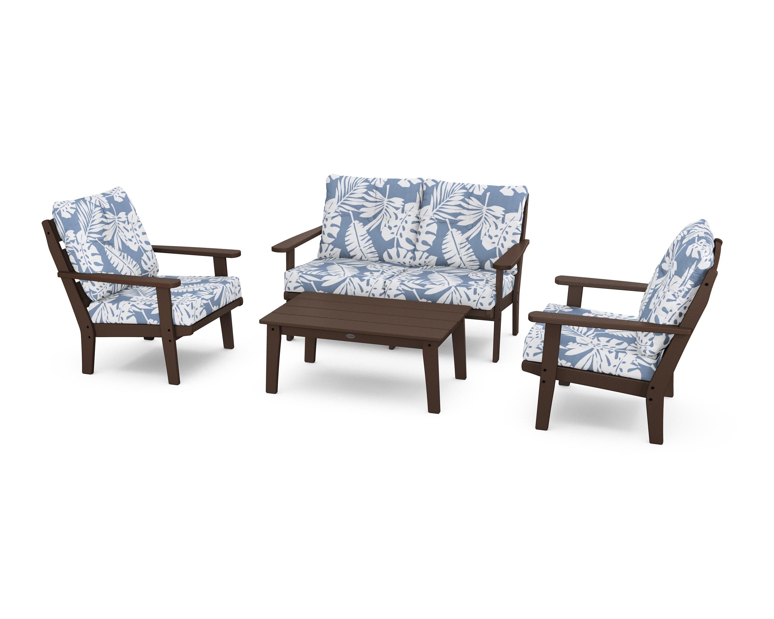 POLYWOOD® Lakeside 4-Piece Deep Seating Set in Mahogany / Leaf Sky Blue