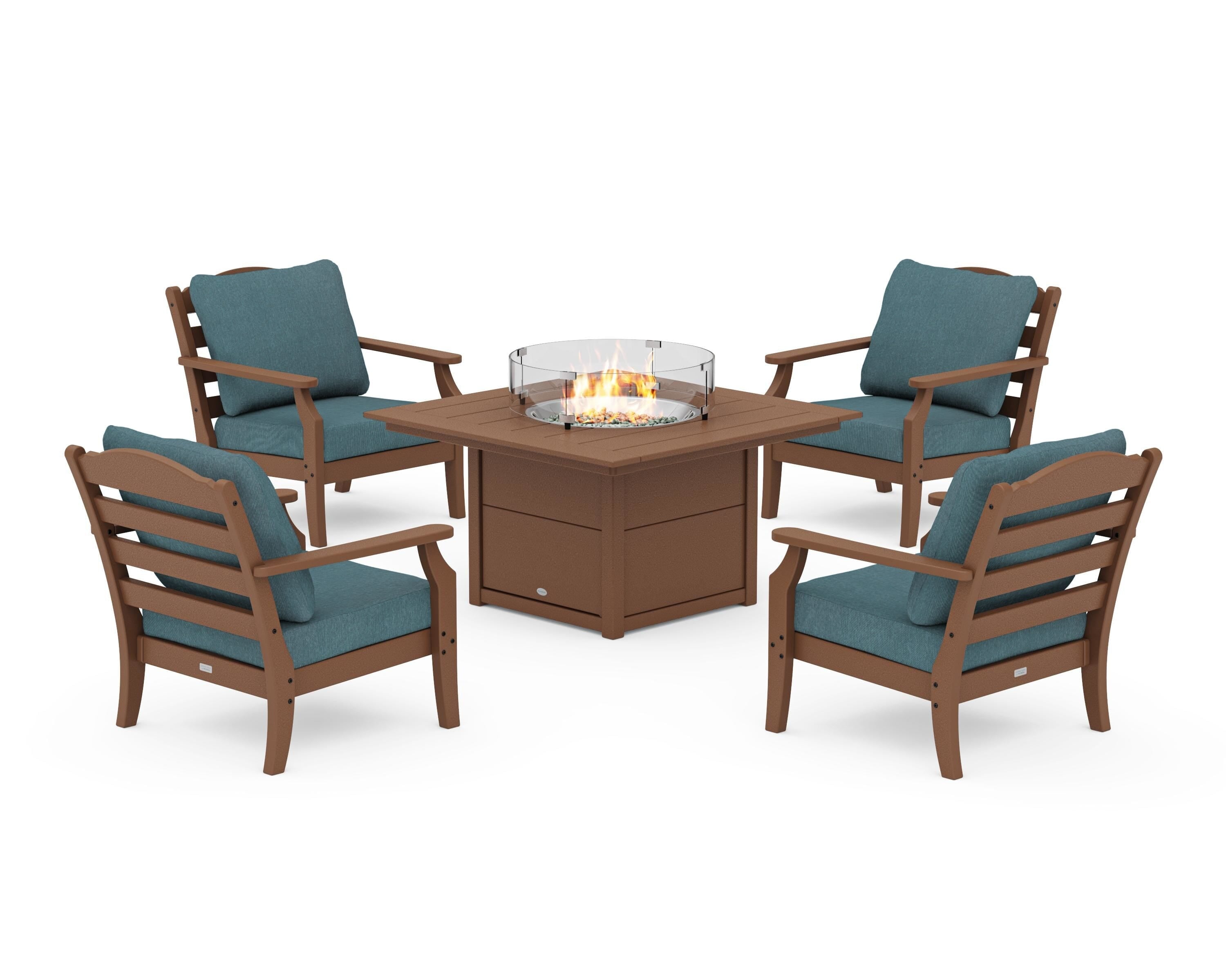 Draper James™ by POLYWOOD® Savannah 5-Piece Deep Seating Set with Fire Pit Table in Teak / Ocean Teal