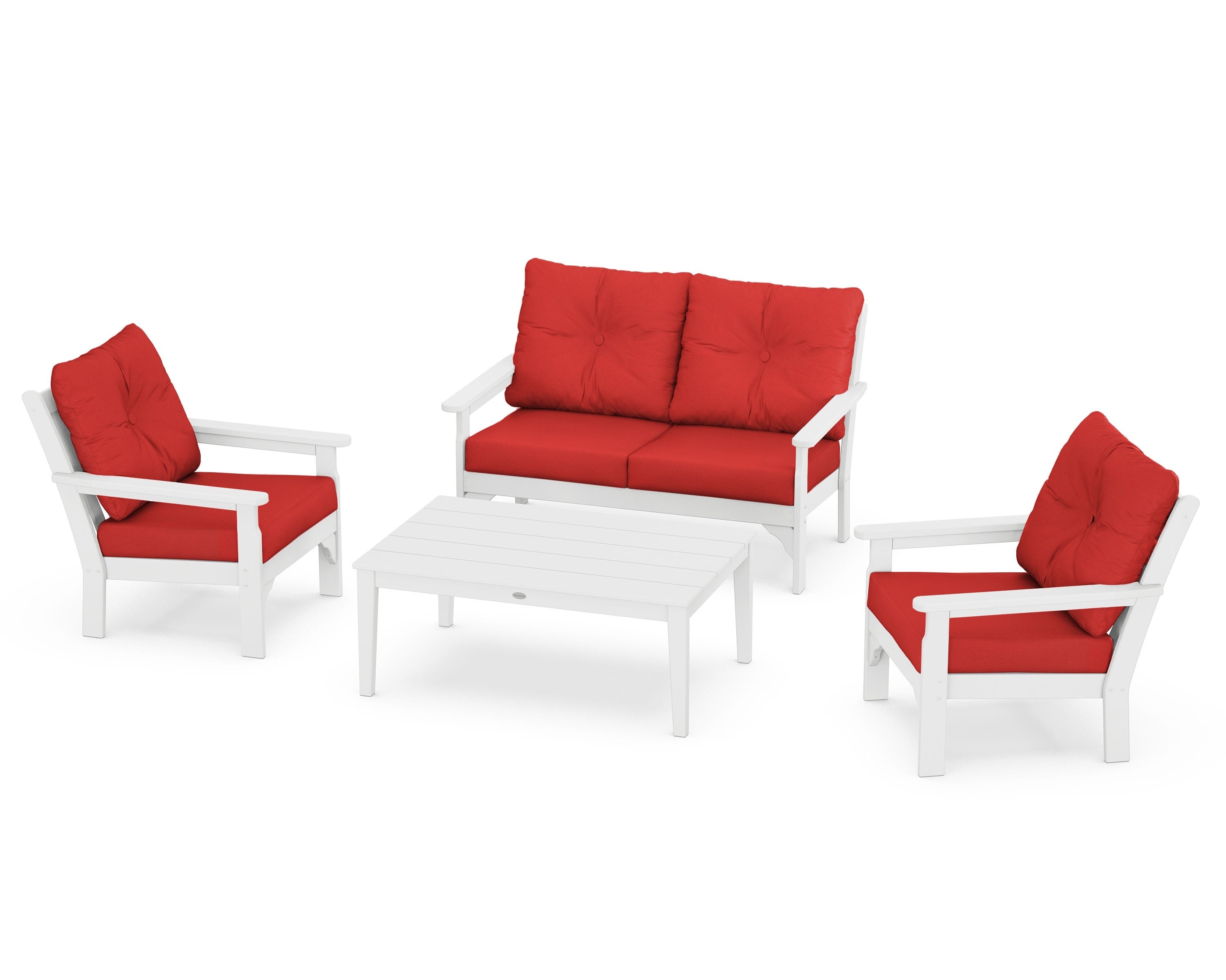 POLYWOOD® Vineyard 4-Piece Deep Seating Set in White / Crimson Linen