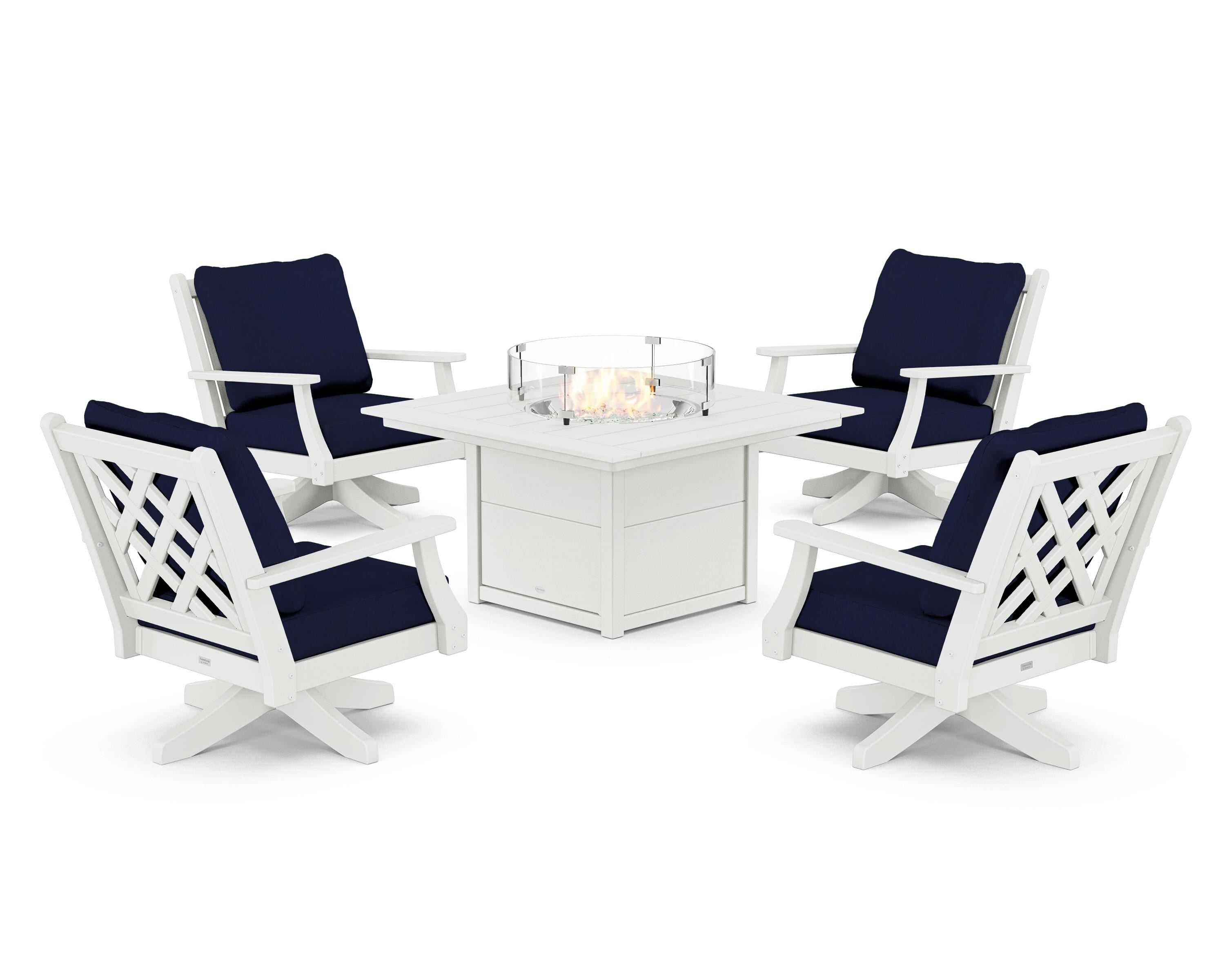 Country Living Wovendale 5-Piece Deep Seating Swivel Conversation Set with Fire Pit Table in White / Navy
