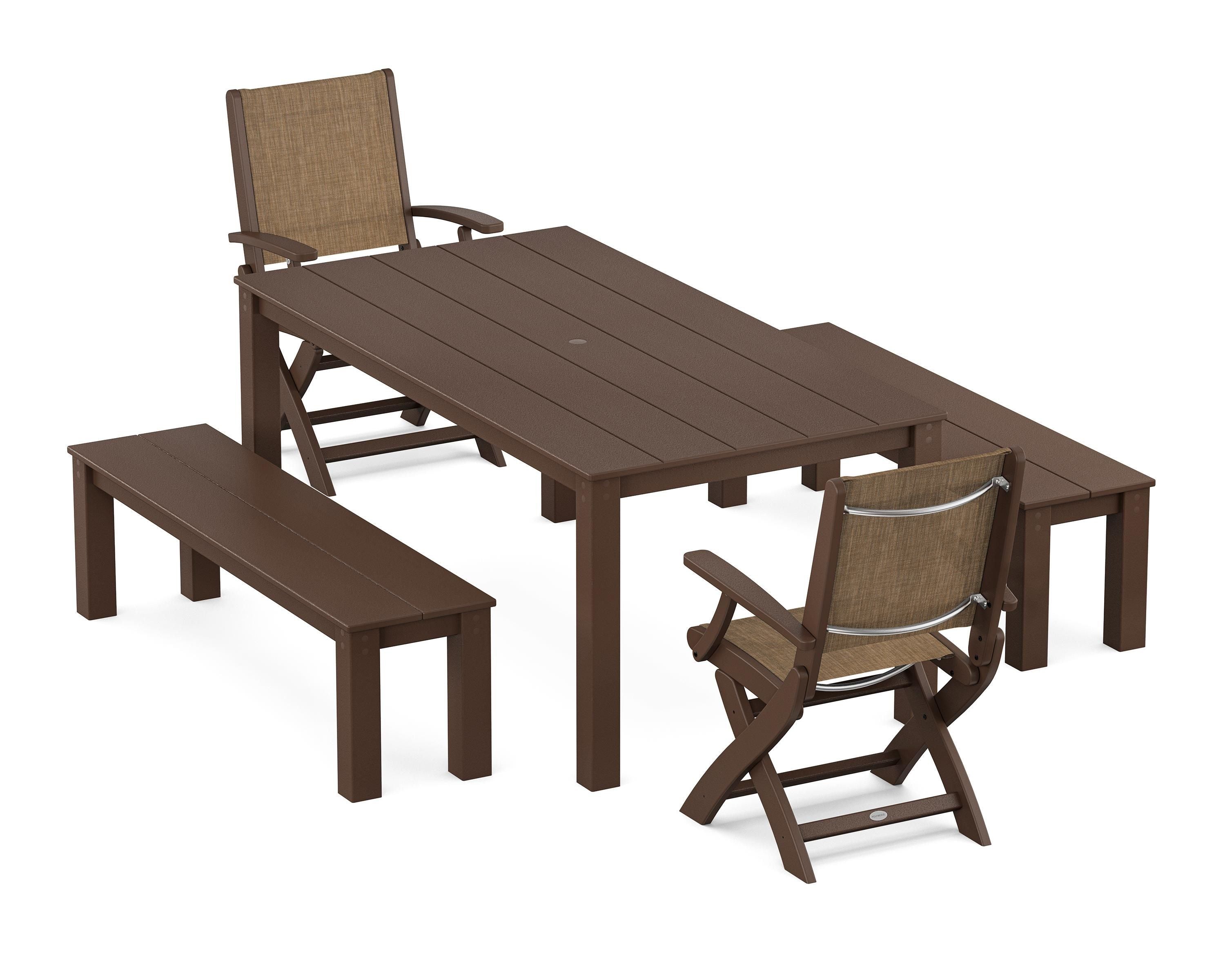 POLYWOOD® Coastal Folding Chair 5-Piece Parsons Dining Set with Benches in Mahogany / Burlap Sling
