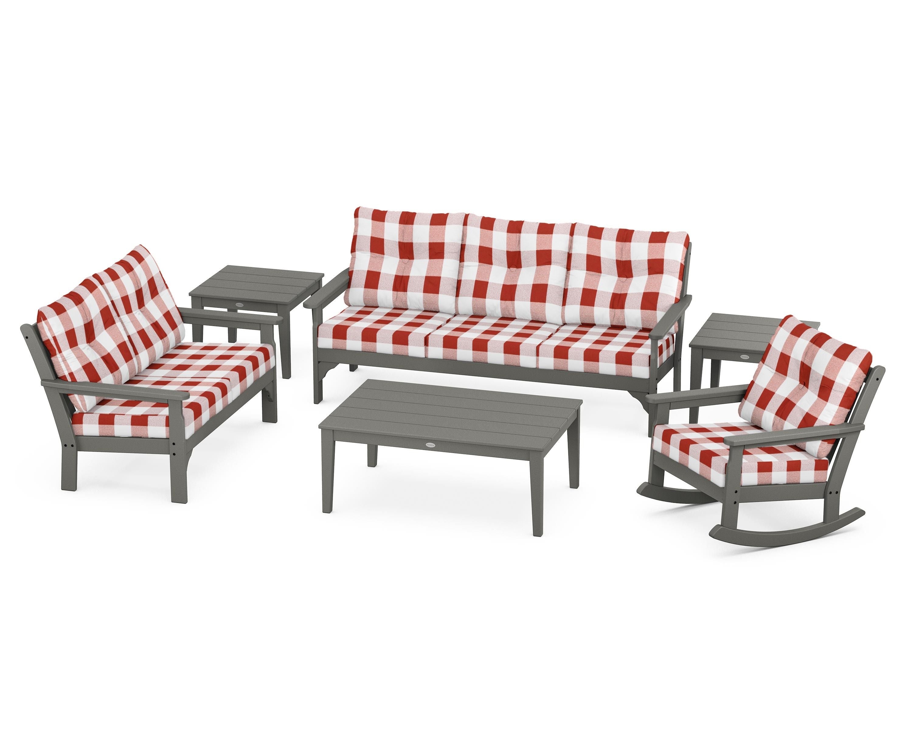 POLYWOOD® Vineyard 6-Piece Deep Seating Set in Slate Grey / Buffalo Plaid Crimson