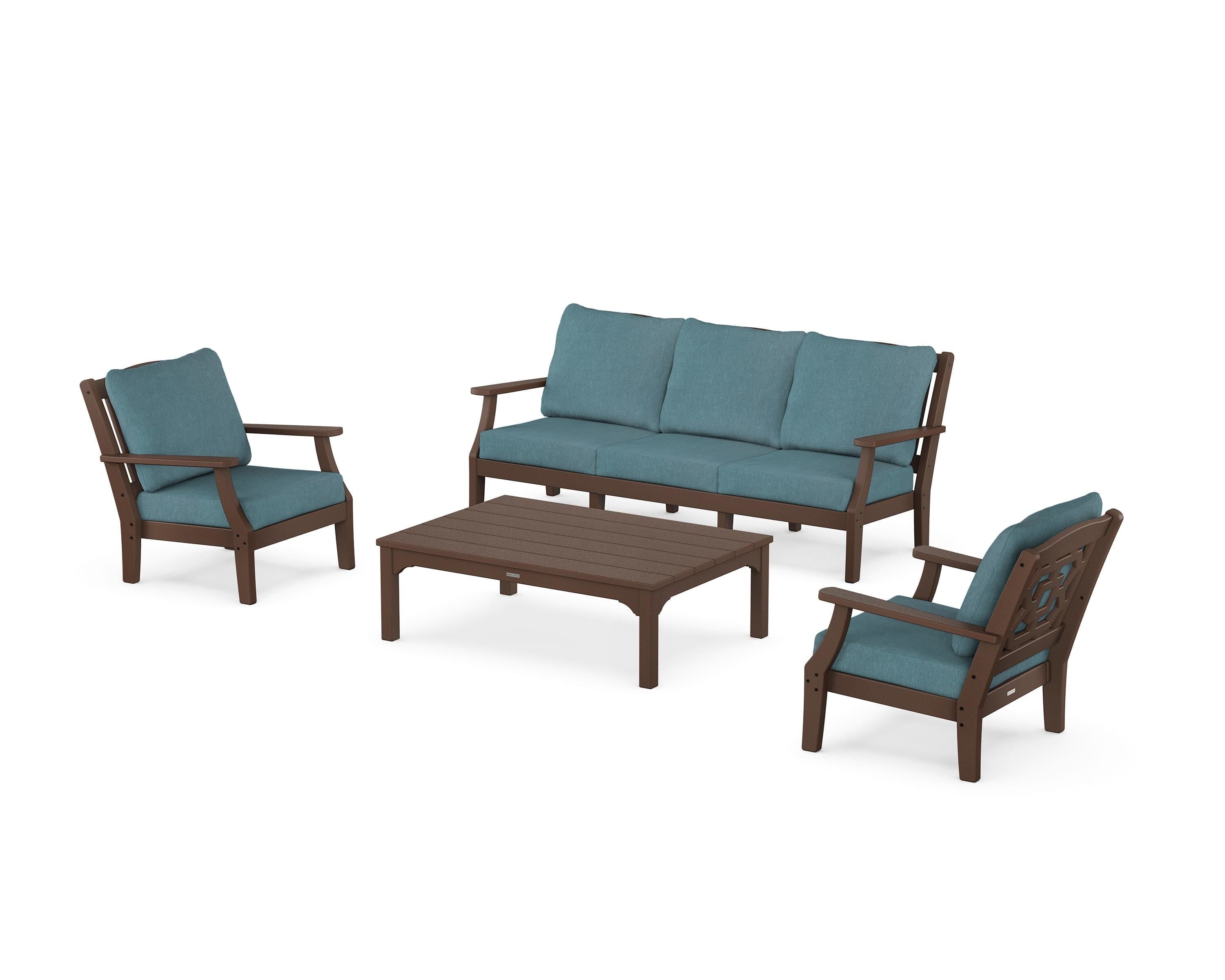Martha Stewart by POLYWOOD® Chinoiserie 4-Piece Deep Seating Set with Sofa in Mahogany / Ocean Teal