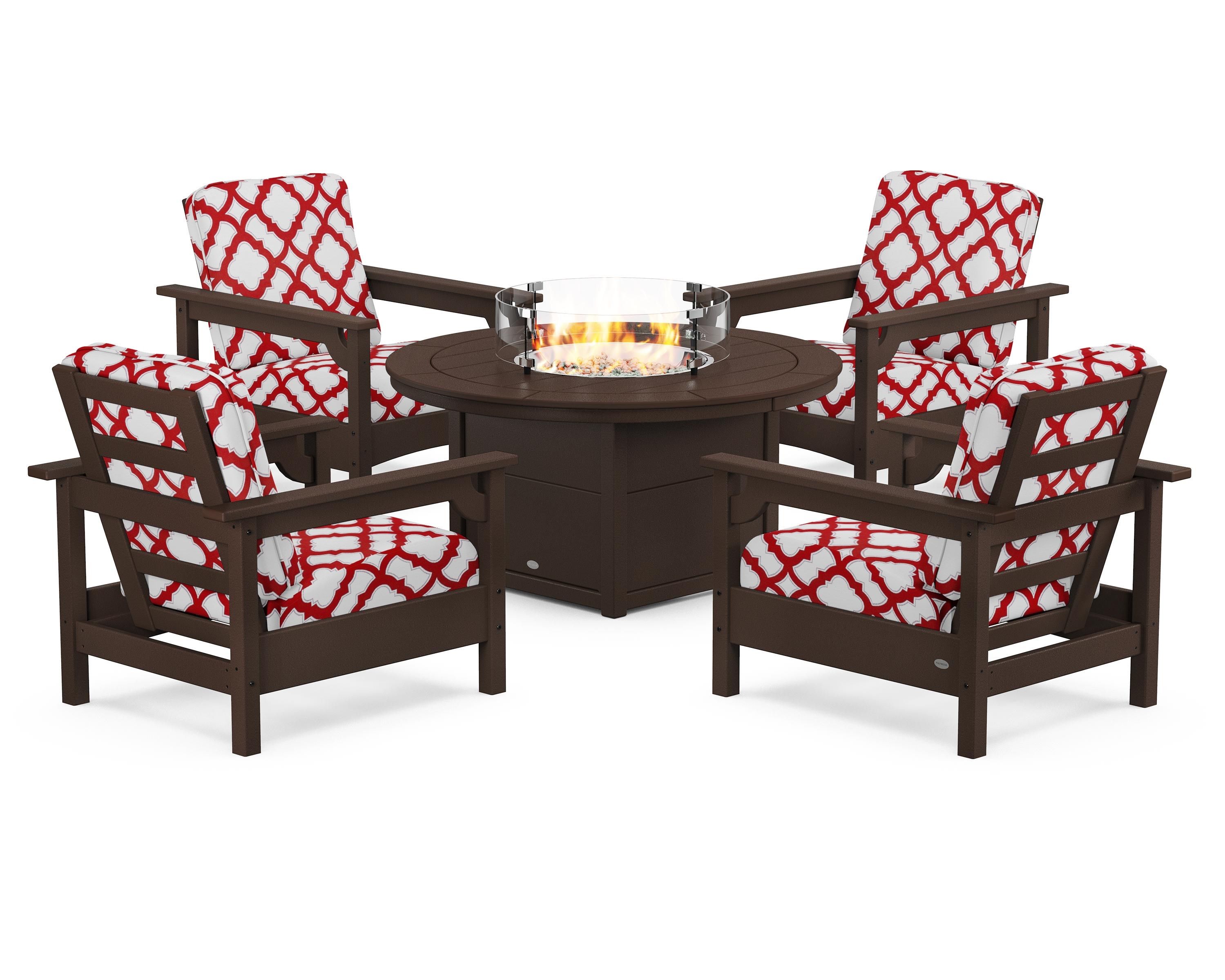 POLYWOOD® Club 5-Piece Conversation Set with Fire Pit Table in Mahogany / Trellis Crimson