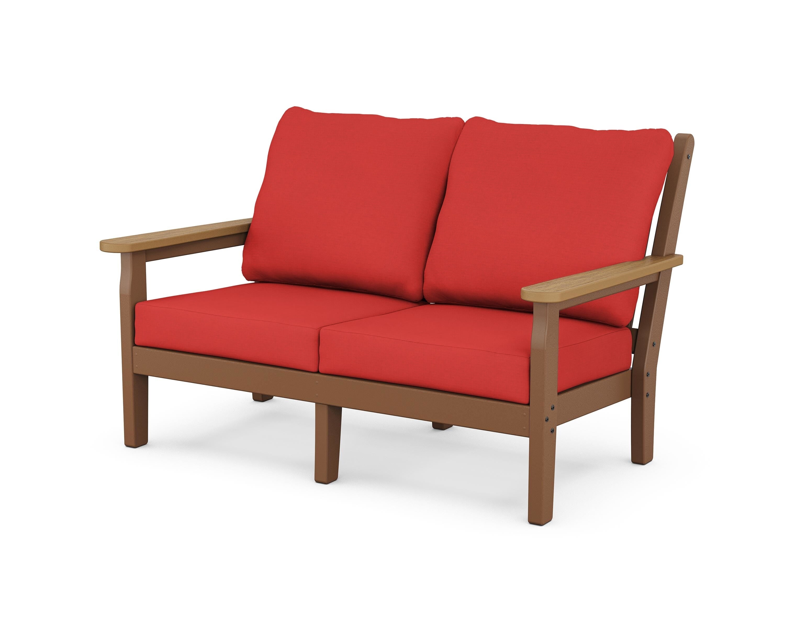 POLYWOOD® Chippendale Deep Seating Loveseat in Teak / Natural / Crimson Linen
