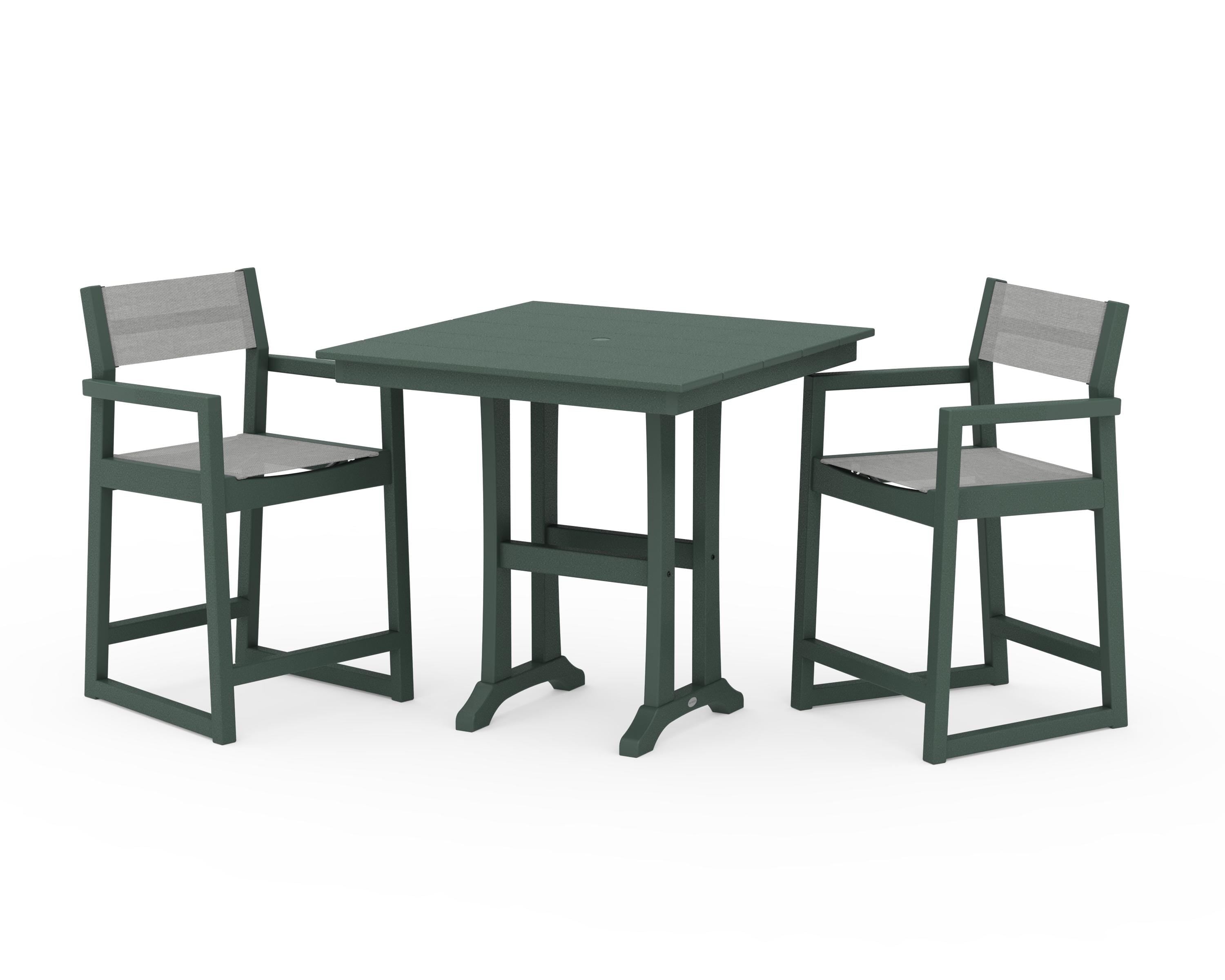 POLYWOOD® EDGE Sling Arm Chair 3-Piece Farmhouse Counter Set with Trestle Legs in Green / Metallic Sling