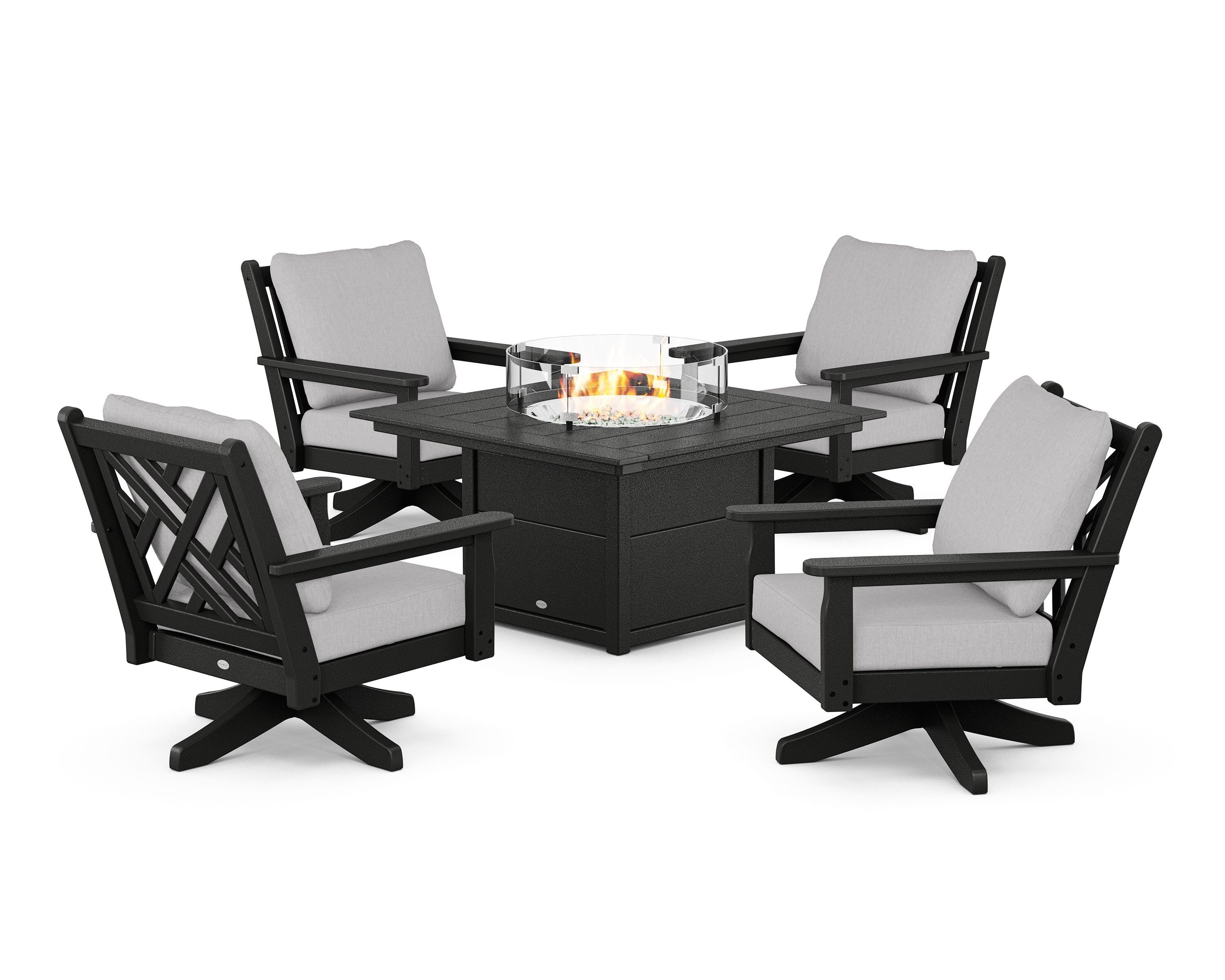 POLYWOOD® Chippendale 5-Piece Deep Seating Swivel Conversation Set with Fire Pit Table in Black / Granite