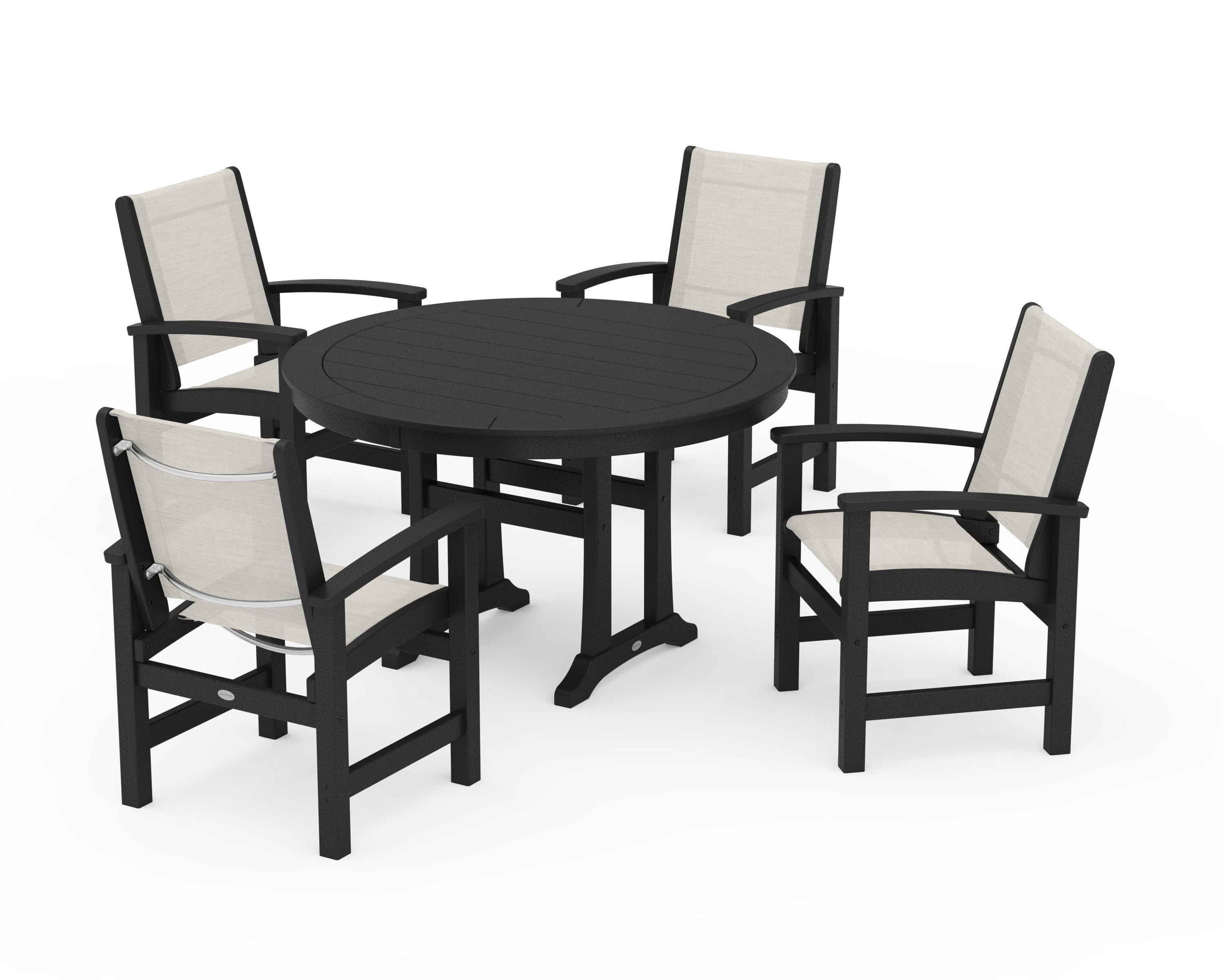 POLYWOOD® Coastal 5-Piece Round Dining Set with Trestle Legs in Black / Parchment Sling