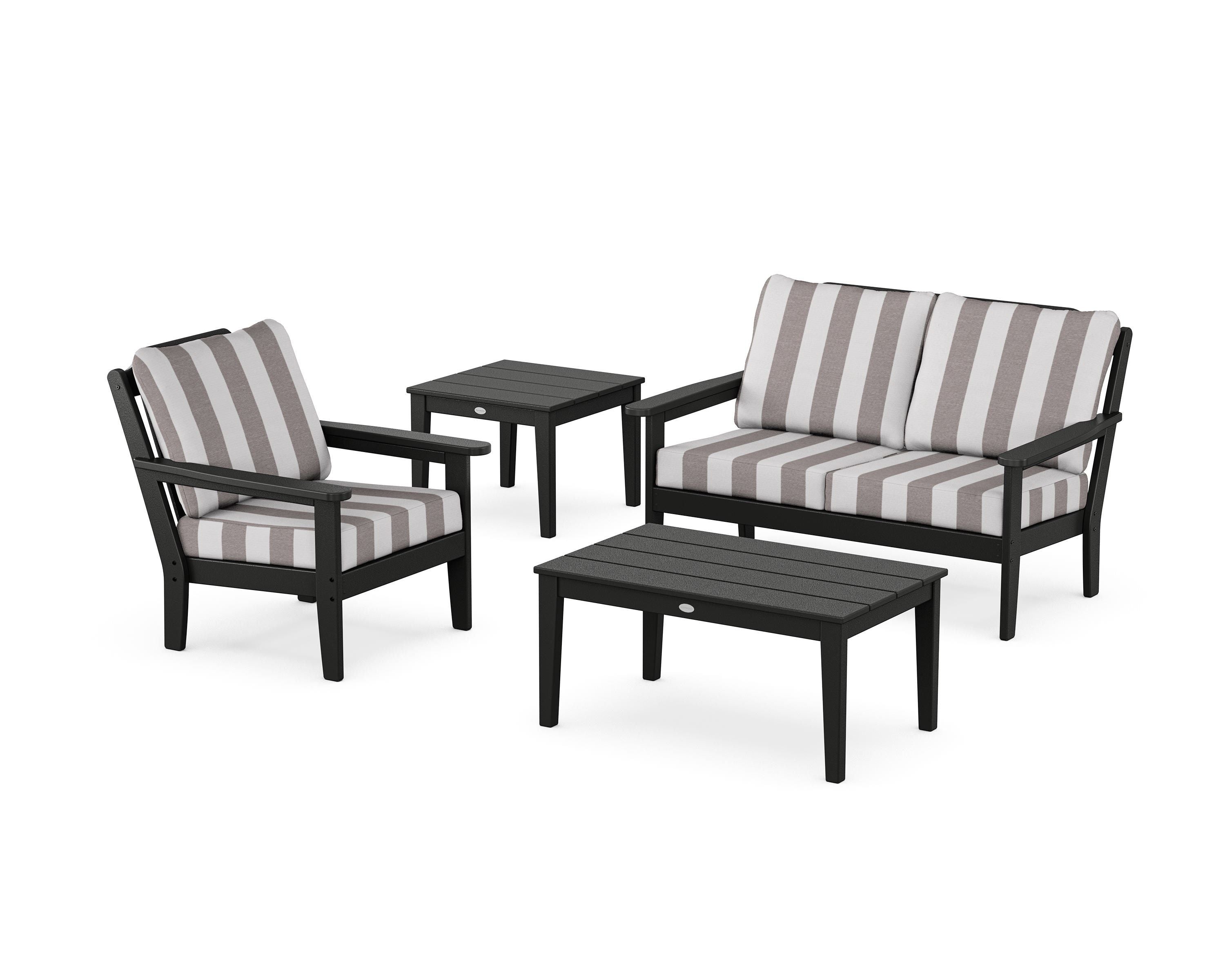 Country Living Wovendale 4-Piece Deep Seating Set in Black / Cabana Stripe Grey Mist