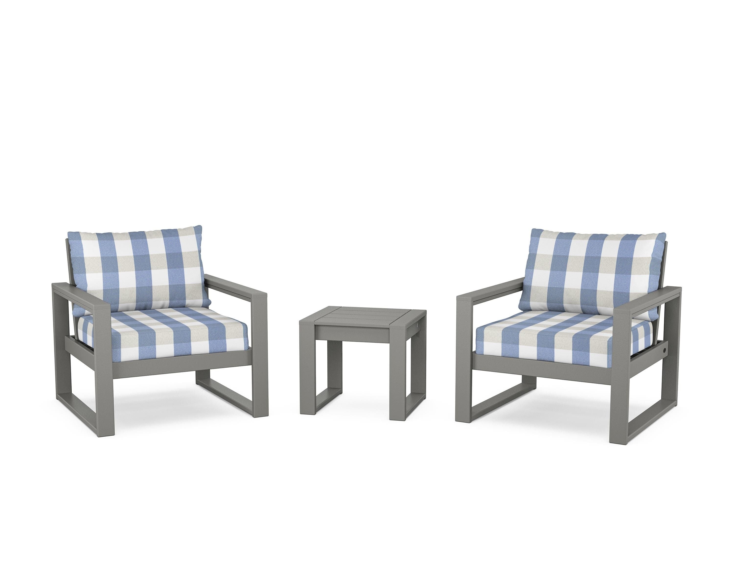 POLYWOOD® EDGE Sectional 3-Piece Deep Seating Set in Slate Grey / Buffalo Plaid Sky Blue