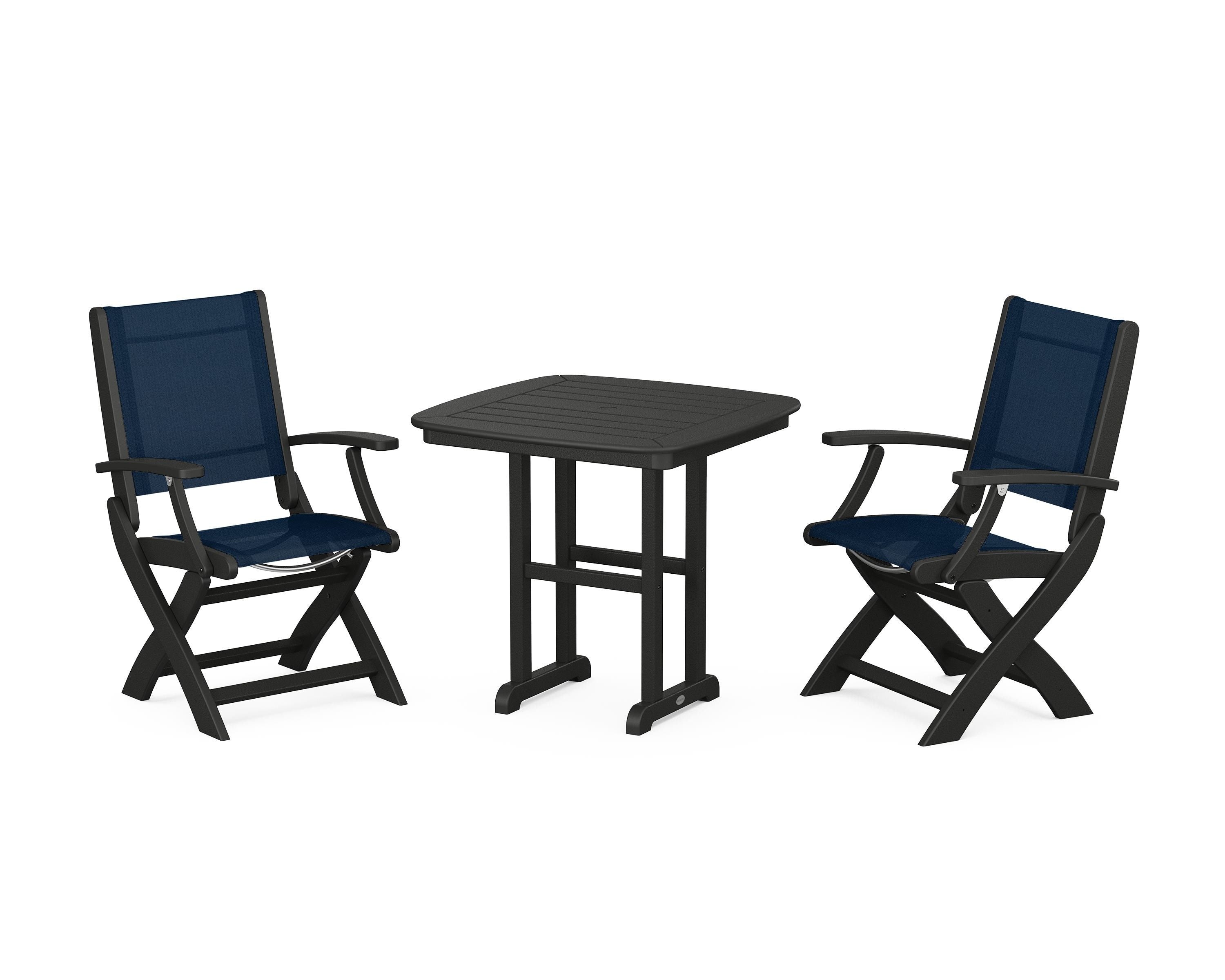 POLYWOOD® Coastal Folding Chair 3-Piece Dining Set in Black / Navy Blue Sling