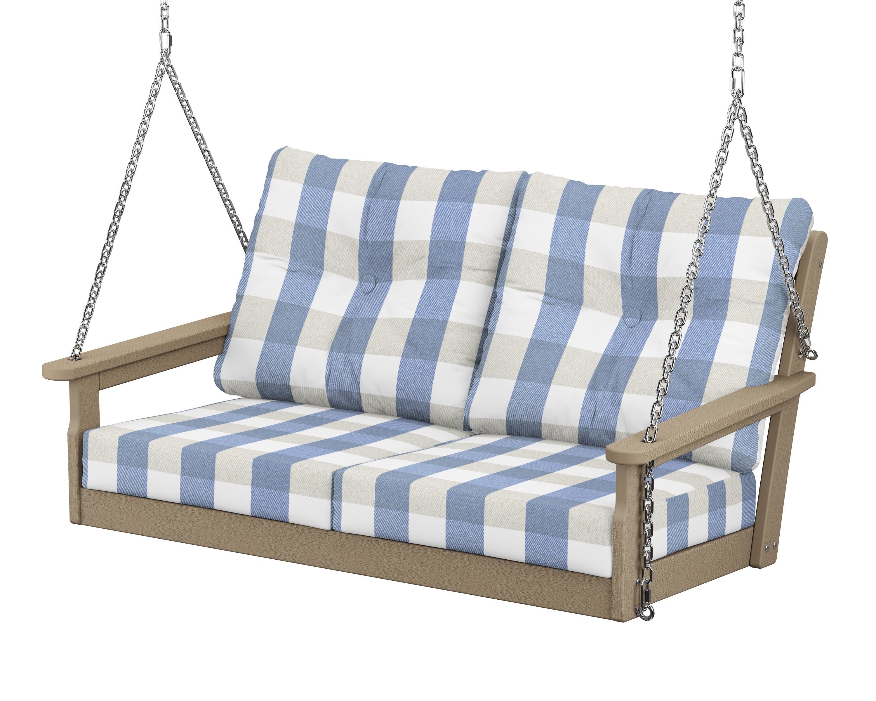 POLYWOOD® Vineyard Deep Seating Swing in Vintage Sahara / Buffalo Plaid Sky Blue