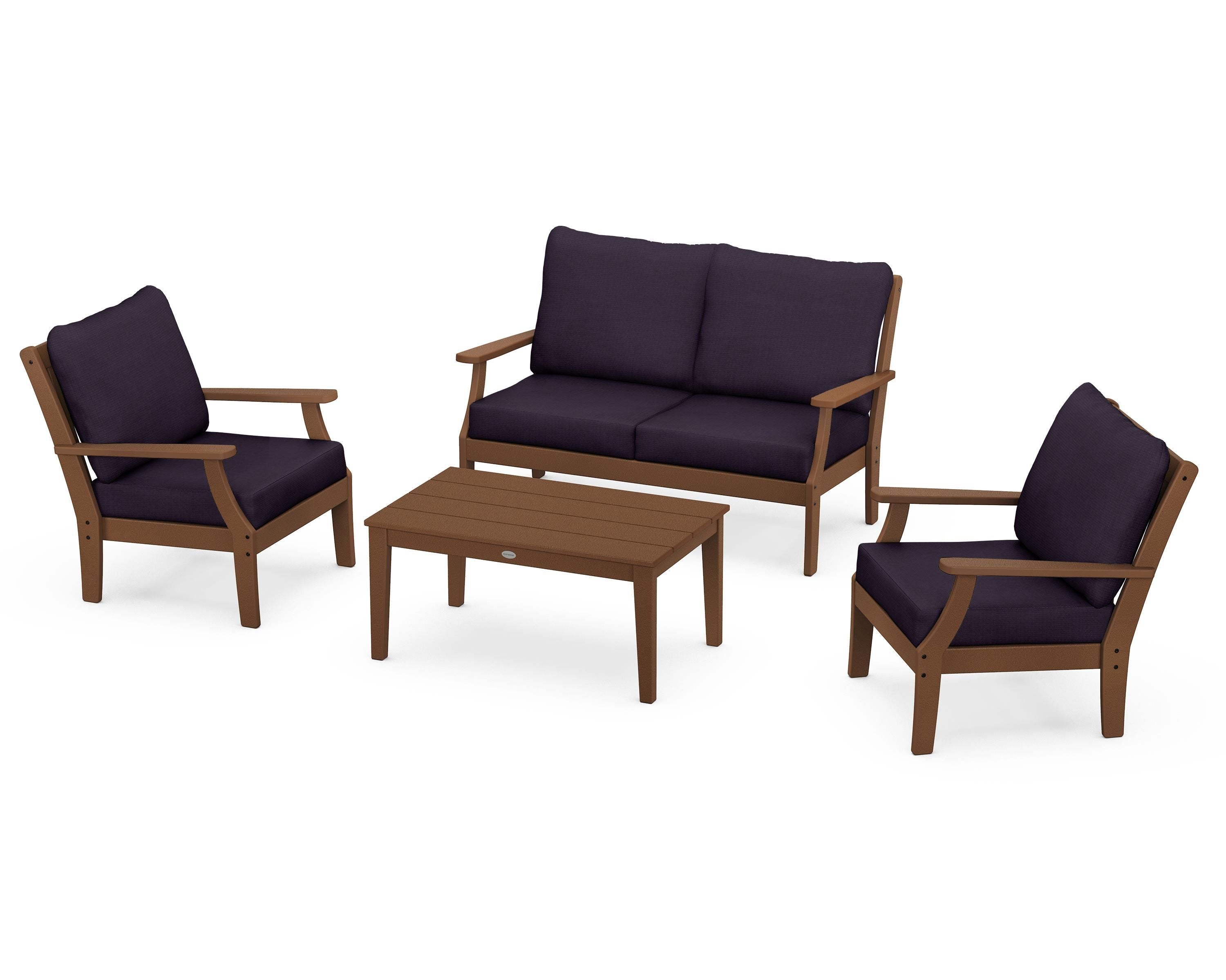 POLYWOOD® Braxton 4-Piece Deep Seating Chair Set in Teak / Navy Linen