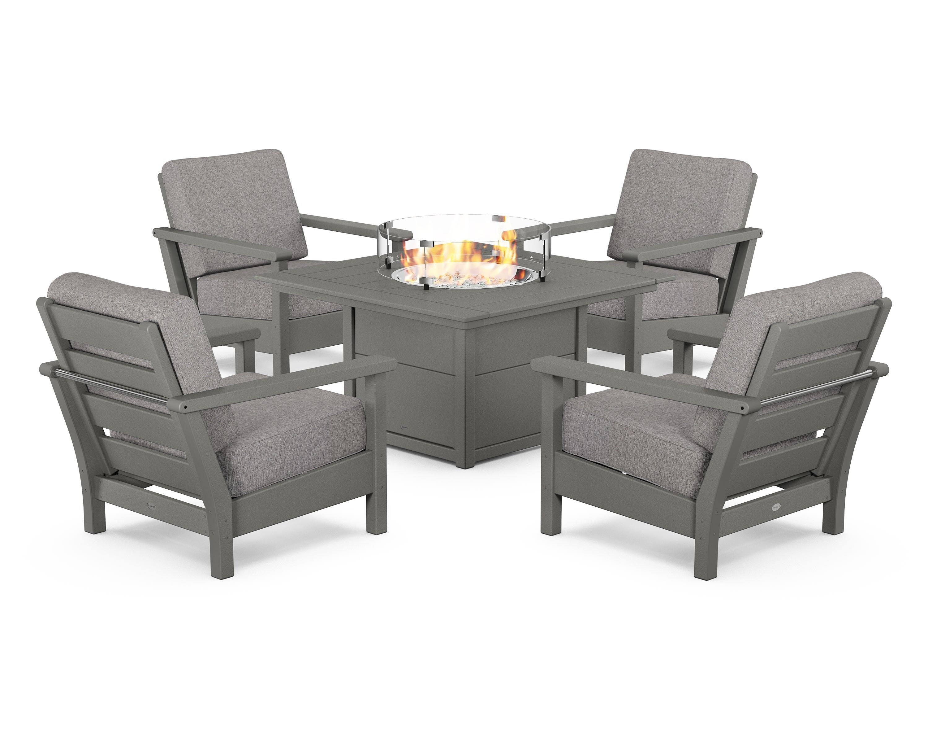 POLYWOOD® Harbour 5-Piece Conversation Set with Fire Pit Table in Slate Grey / Grey Mist