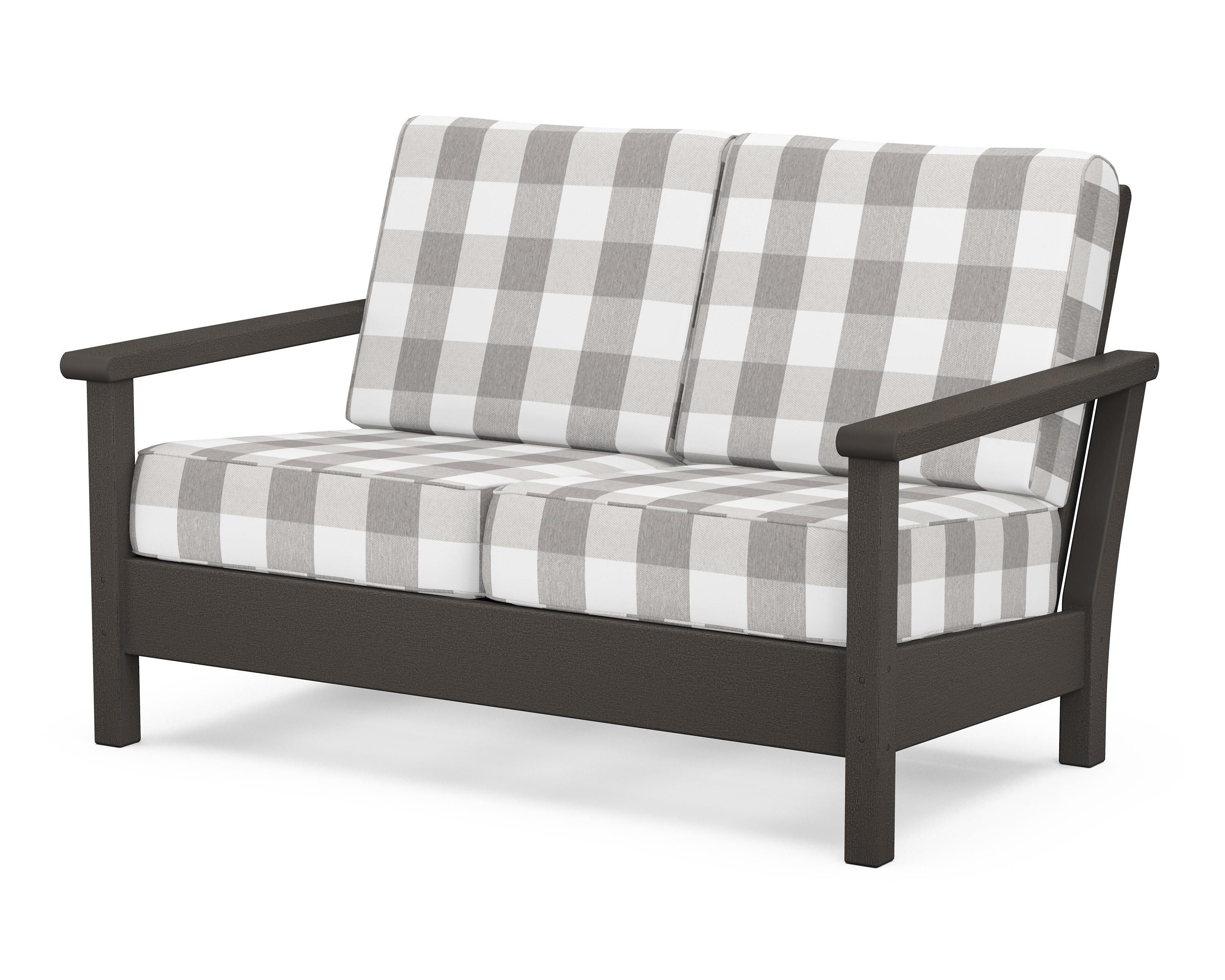 POLYWOOD® Harbour Deep Seating Loveseat in Vintage Coffee / Buffalo Plaid Grey Mist