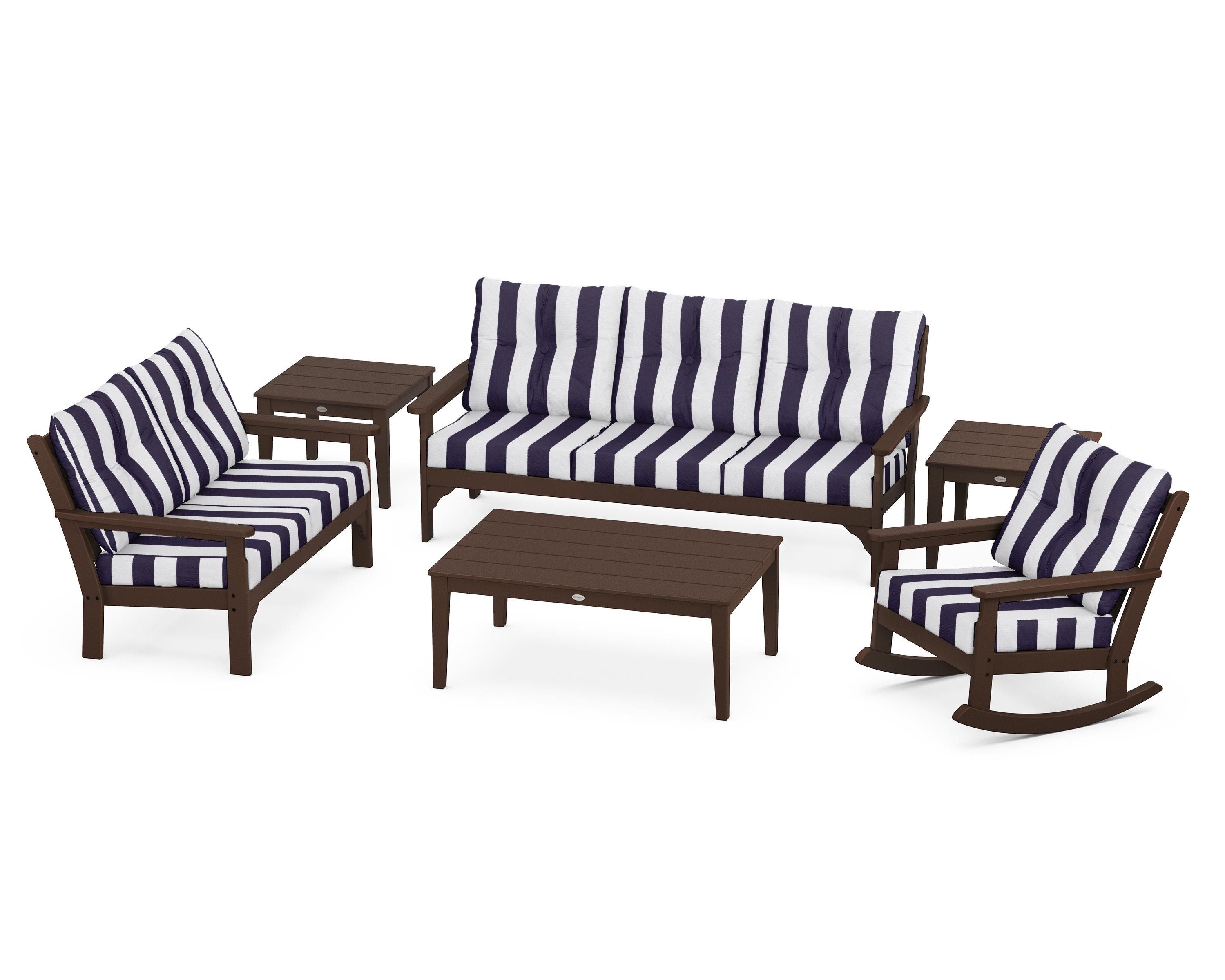 POLYWOOD® Vineyard 6-Piece Deep Seating Set in Mahogany / Cabana Stripe Navy