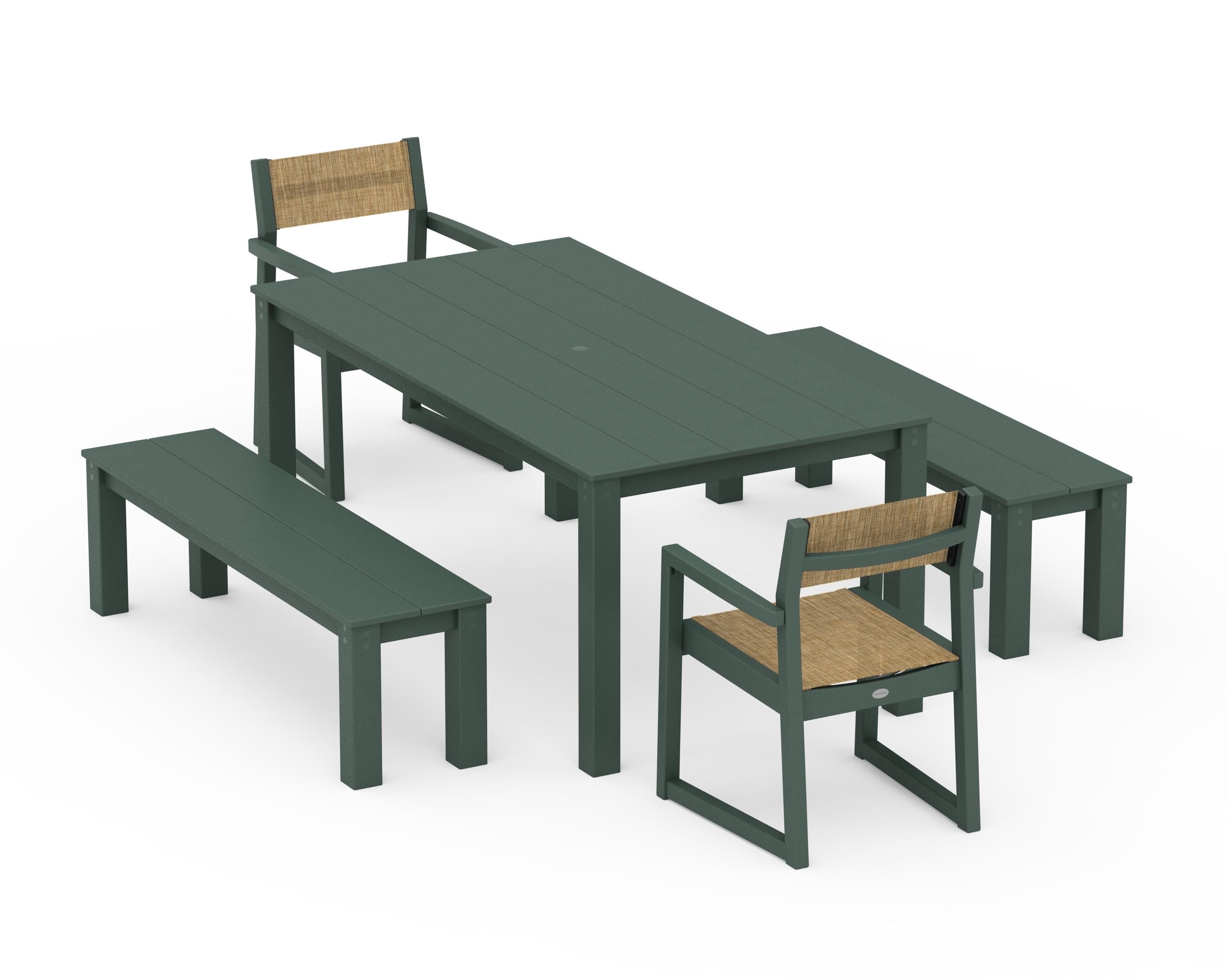 POLYWOOD® EDGE Sling Arm Chair 5-Piece Parsons Dining Set with Benches in Green / Burlap Sling