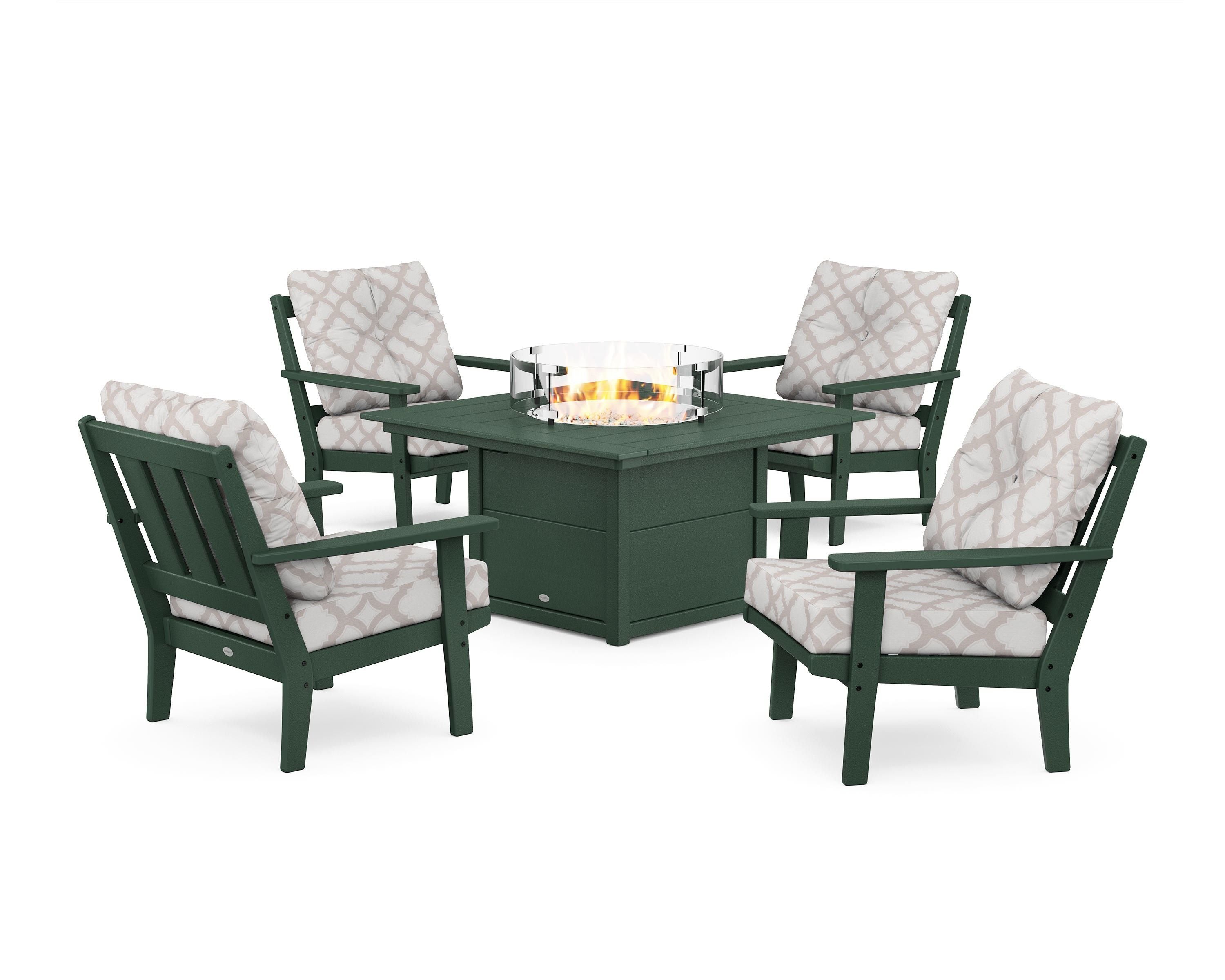POLYWOOD® Oxford 5-Piece Deep Seating Set with Fire Pit Table in Green / Trellis Dune Burlap