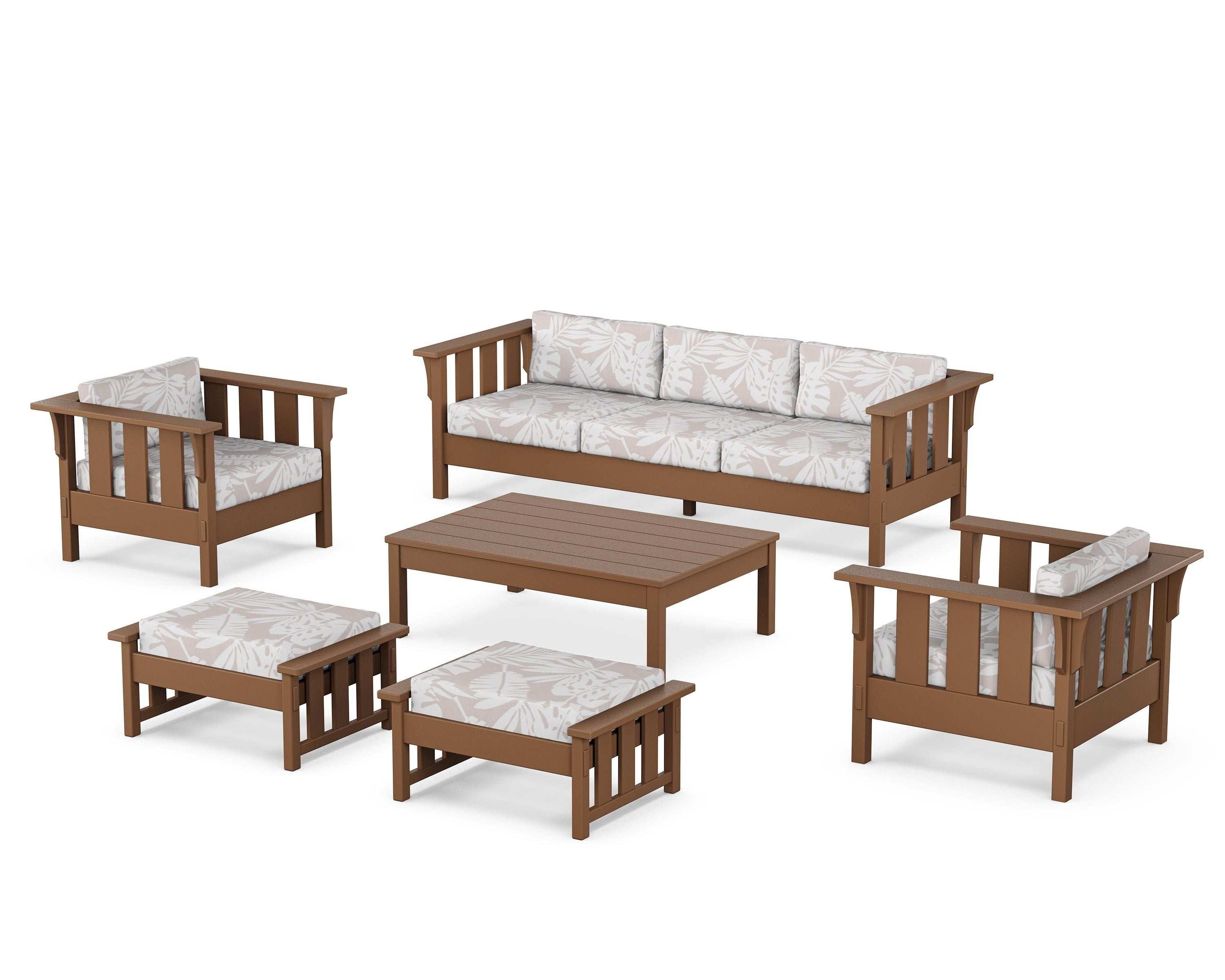 Martha Stewart by POLYWOOD® Acadia 6-Piece Lounge Sofa Set in Teak / Leaf Dune Burlap