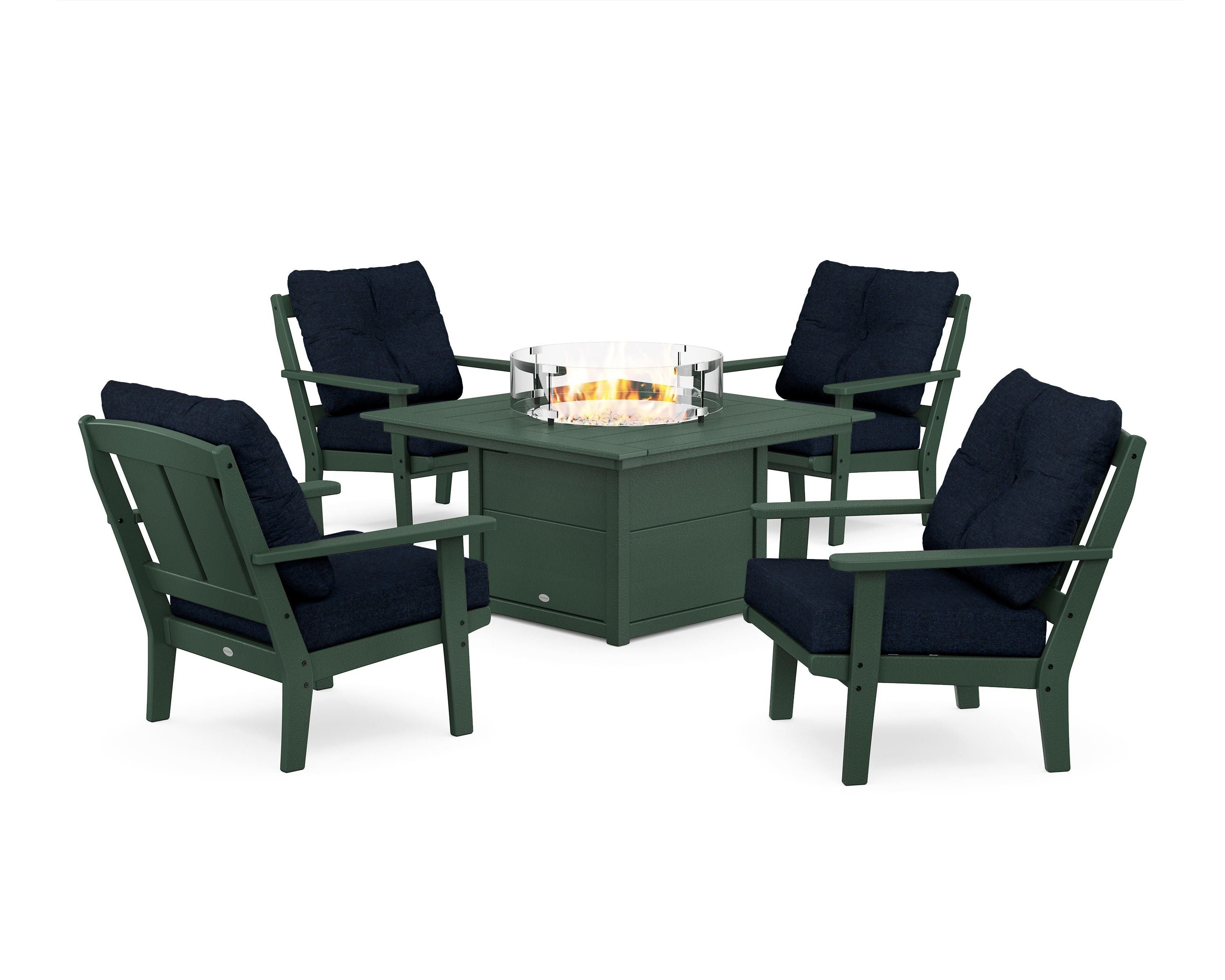 POLYWOOD® Mission 5-Piece Deep Seating Set with Fire Pit Table in Green / Marine Indigo