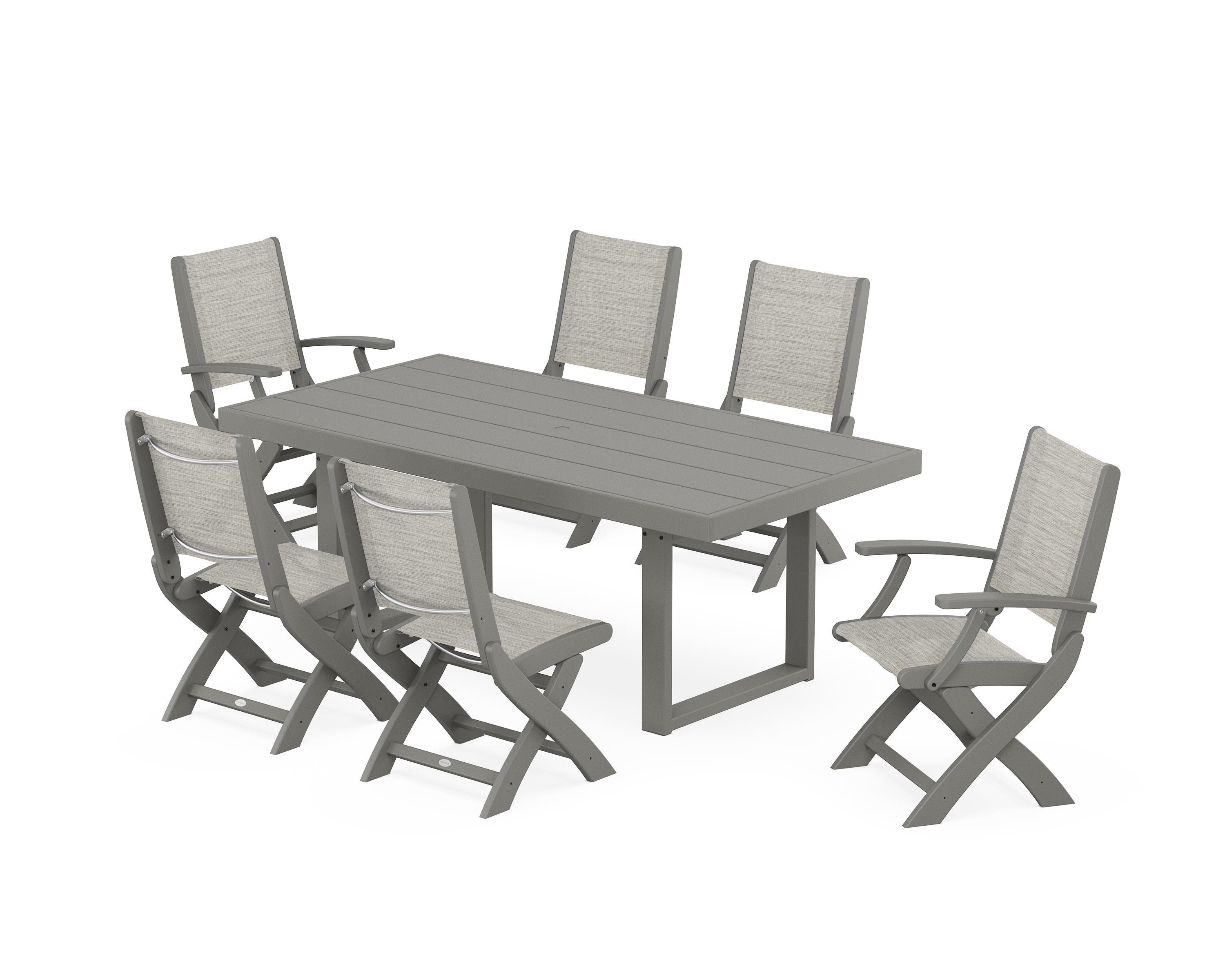 POLYWOOD® Coastal Folding Chair 7-Piece Dining Set with Trestle Legs in Slate Grey / Birch Sling