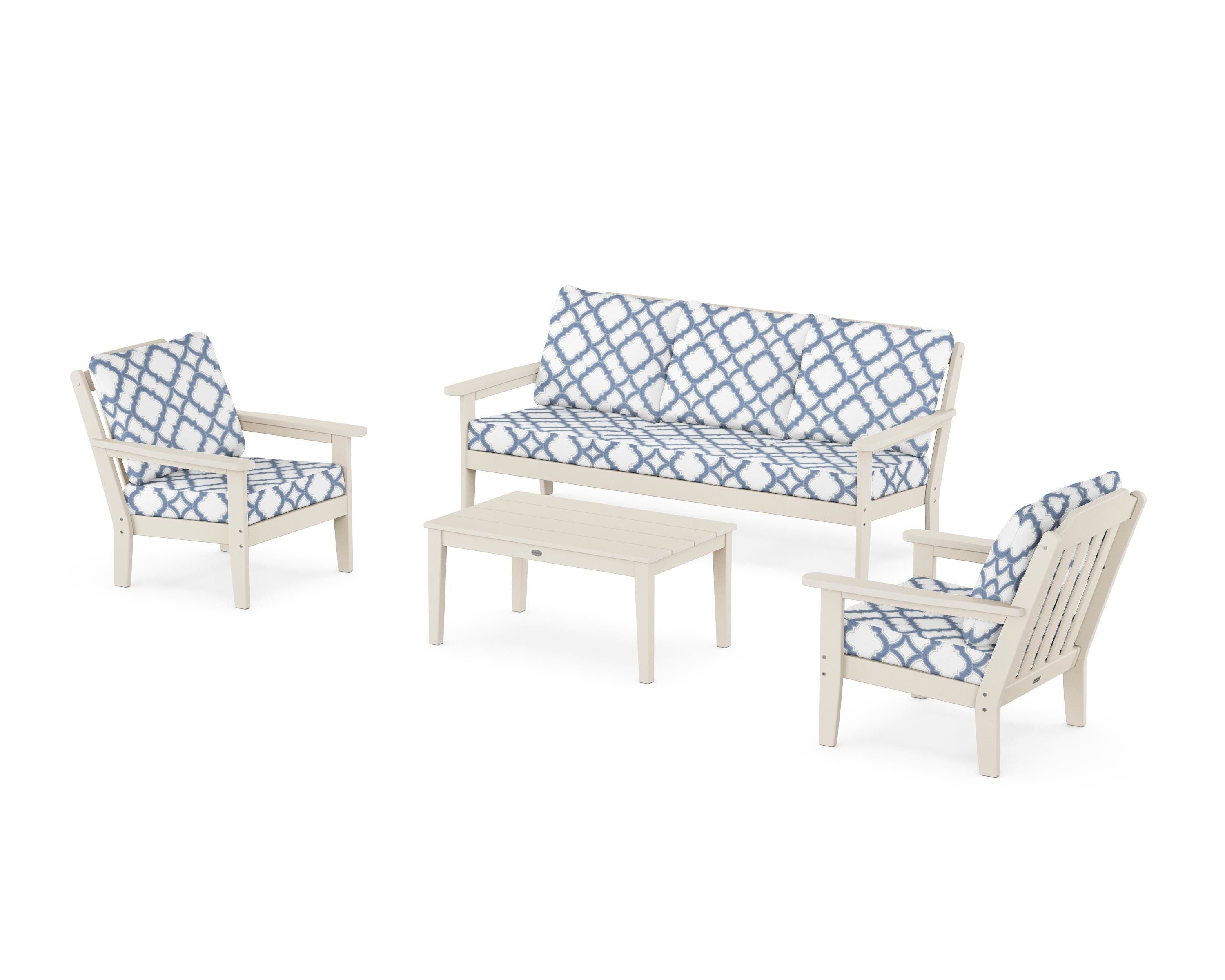Country Living Cottage 4-Piece Deep Seating Set with Sofa in Sand / Trellis Sky Blue