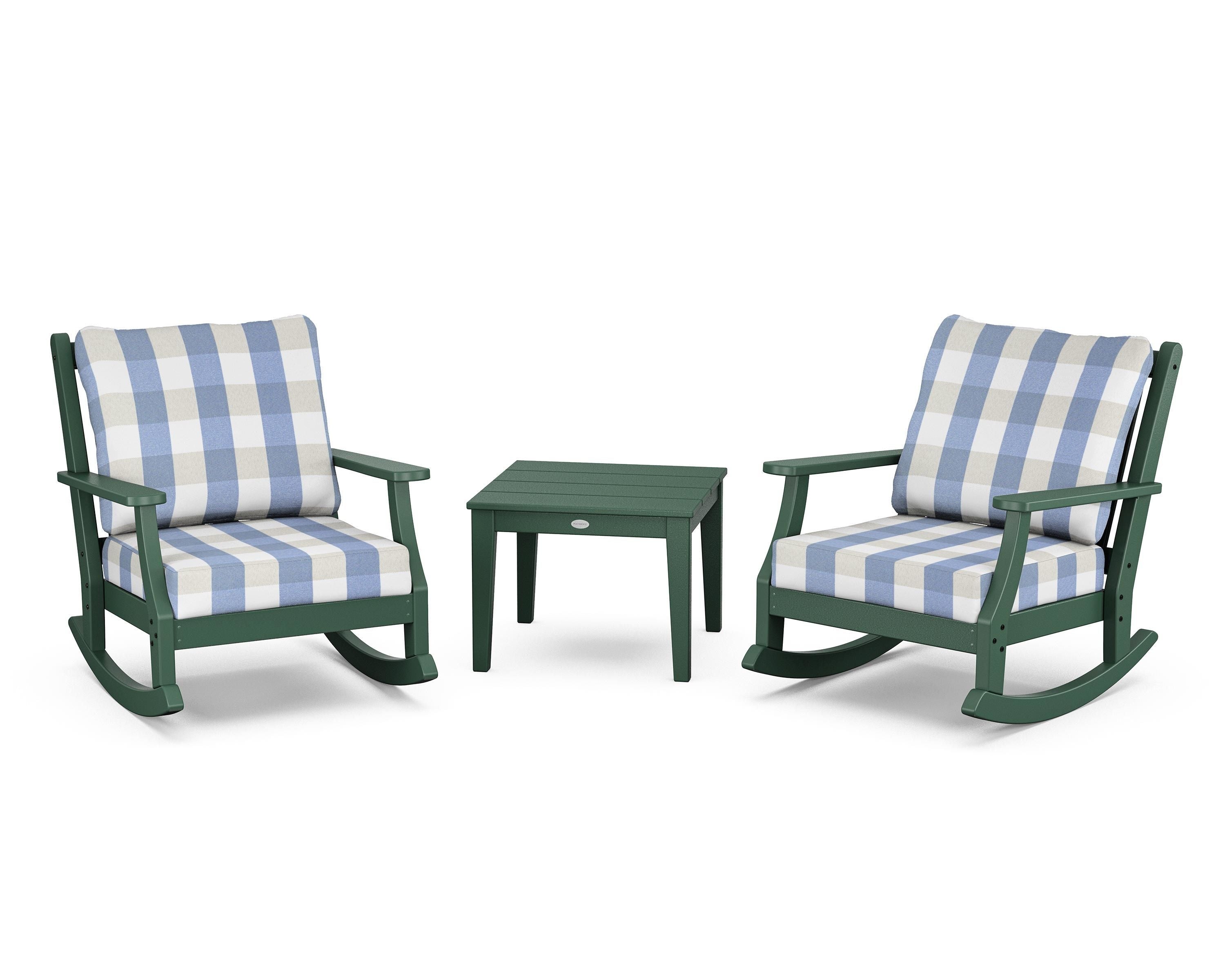 Country Living Wovendale 3-Piece Deep Seating Rocker Set in Green / Buffalo Plaid Sky Blue
