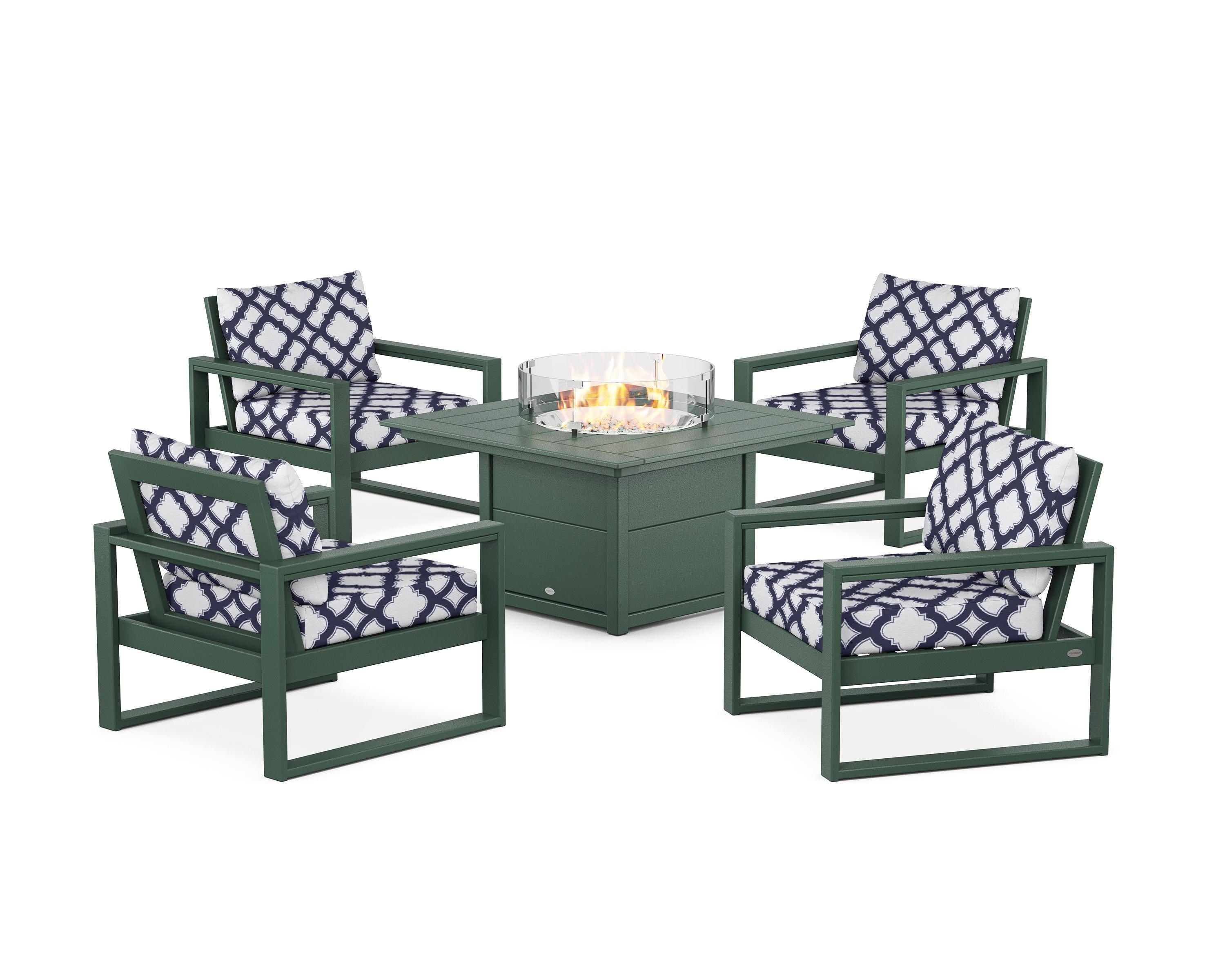 POLYWOOD® EDGE Sectional 5-Piece Deep Seating Set with Fire Pit Table in Green / Trellis Navy