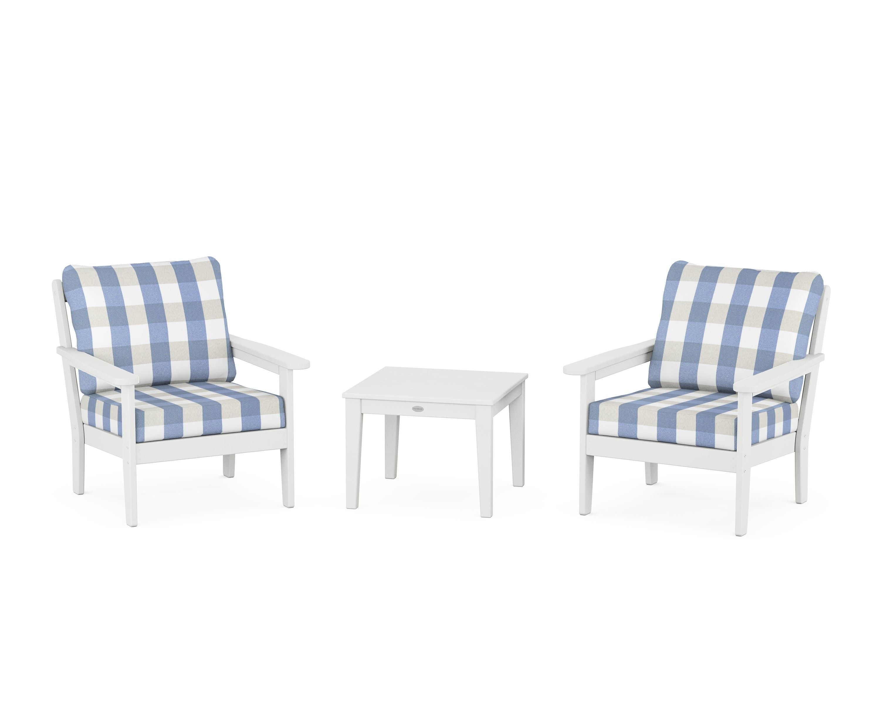 Country Living Cottage 3-Piece Deep Seating Set in White / Buffalo Plaid Sky Blue