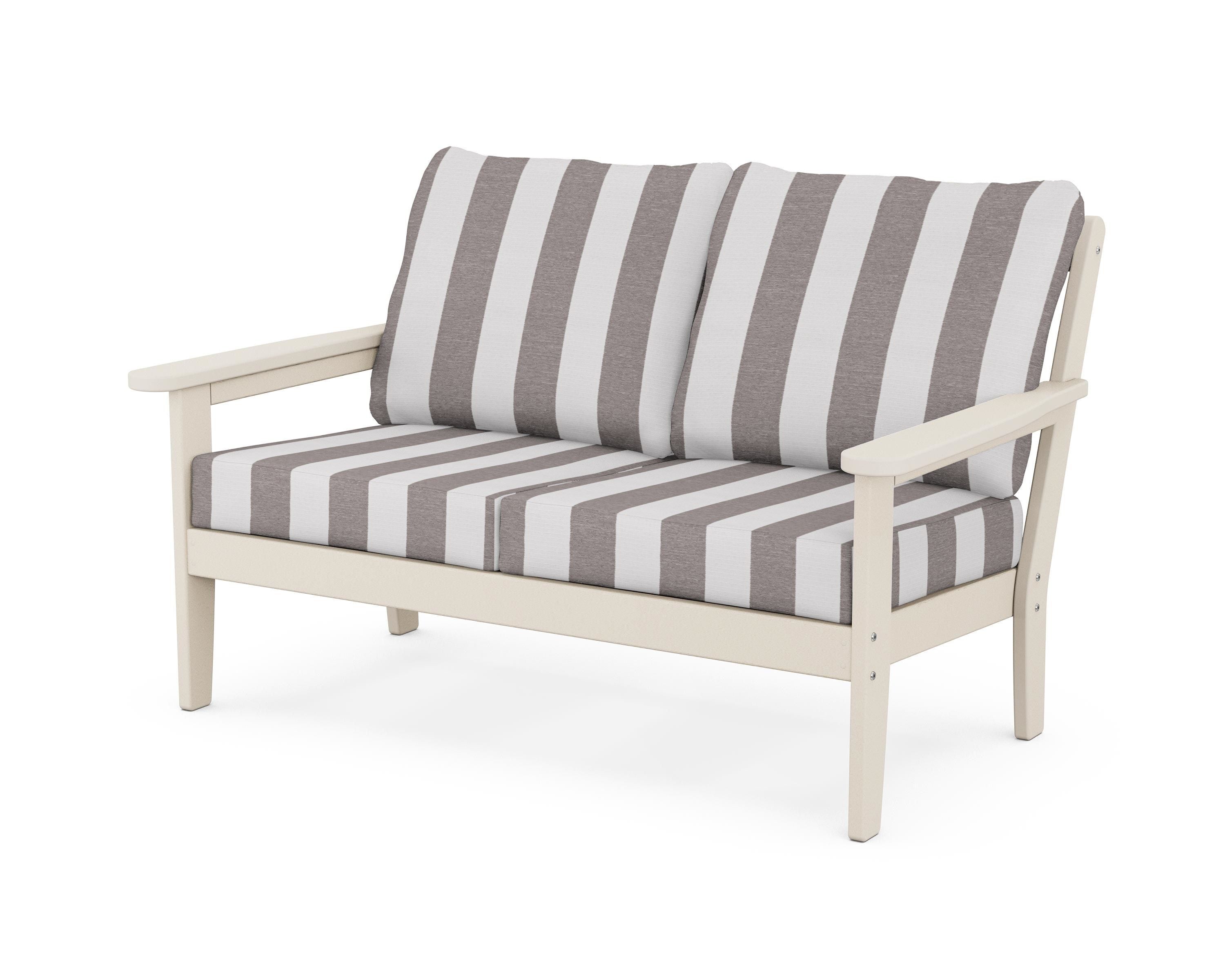 Country Living Cottage Deep Seating Loveseat in Sand / Cabana Stripe Grey Mist