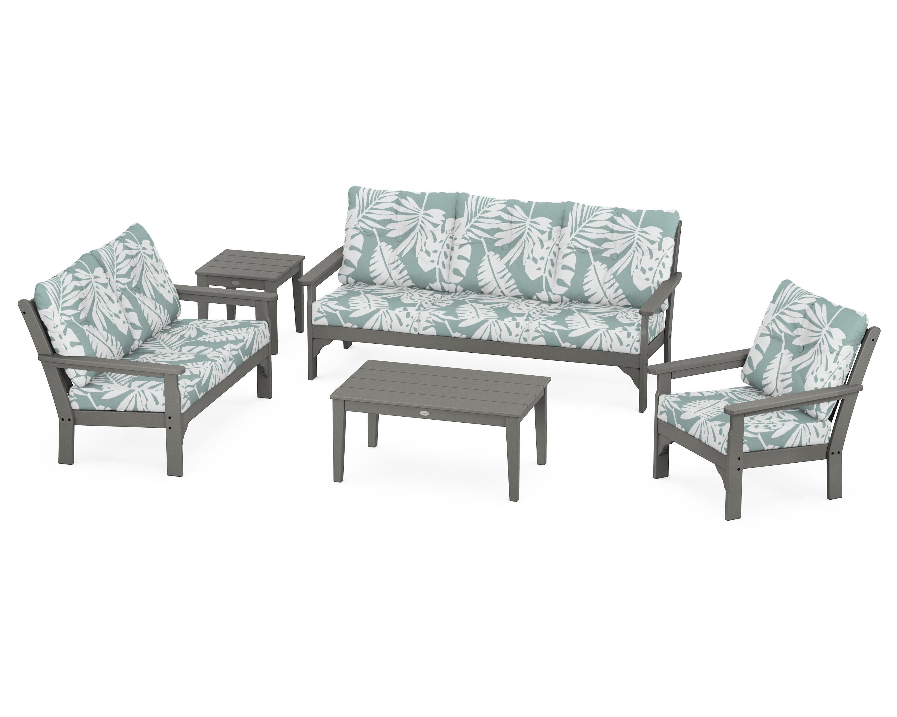 POLYWOOD® Vineyard 5 Piece Deep Seating Set in Slate Grey / Leaf Glacier Spa