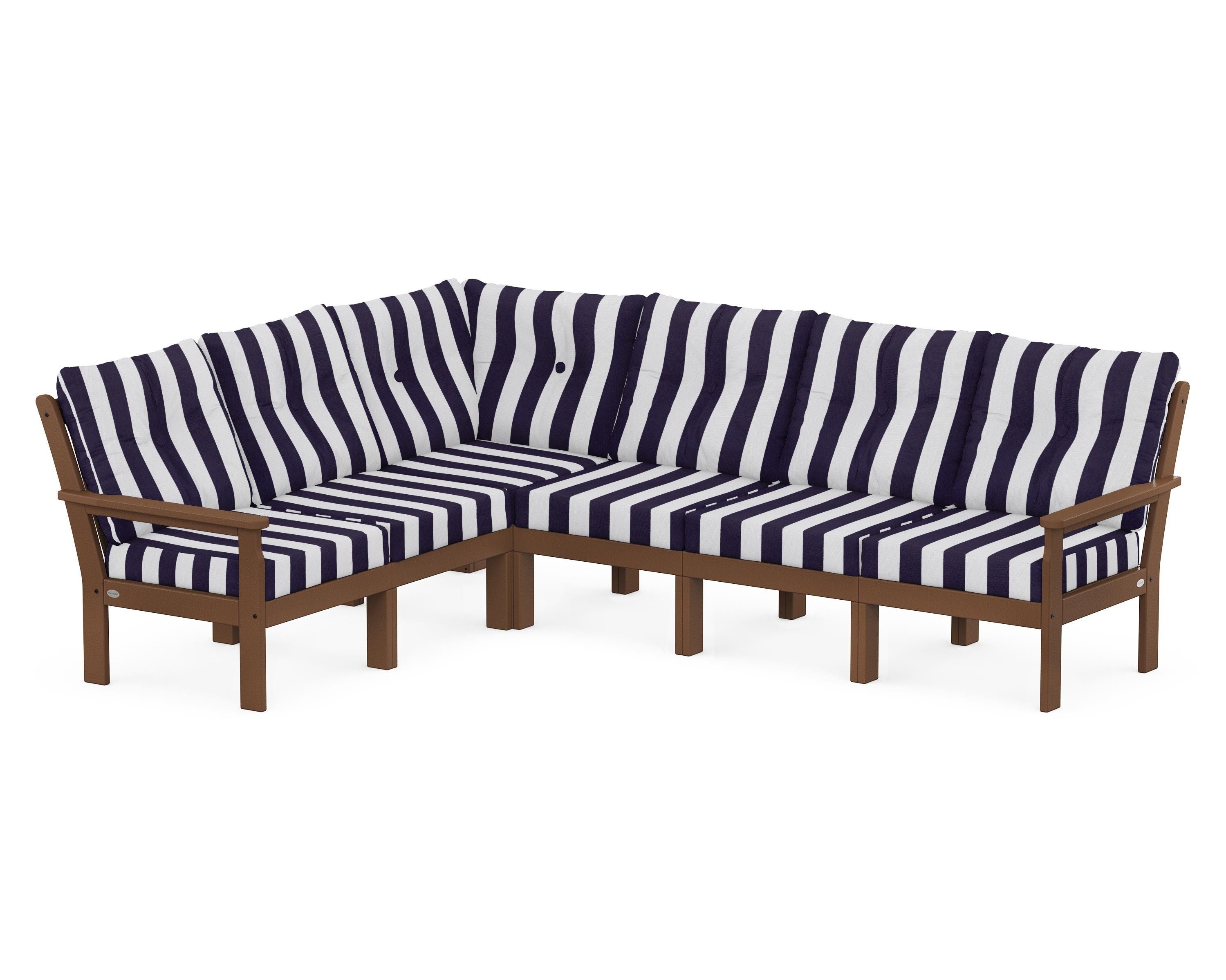 POLYWOOD® Vineyard 6-Piece Sectional in Teak / Cabana Stripe Navy