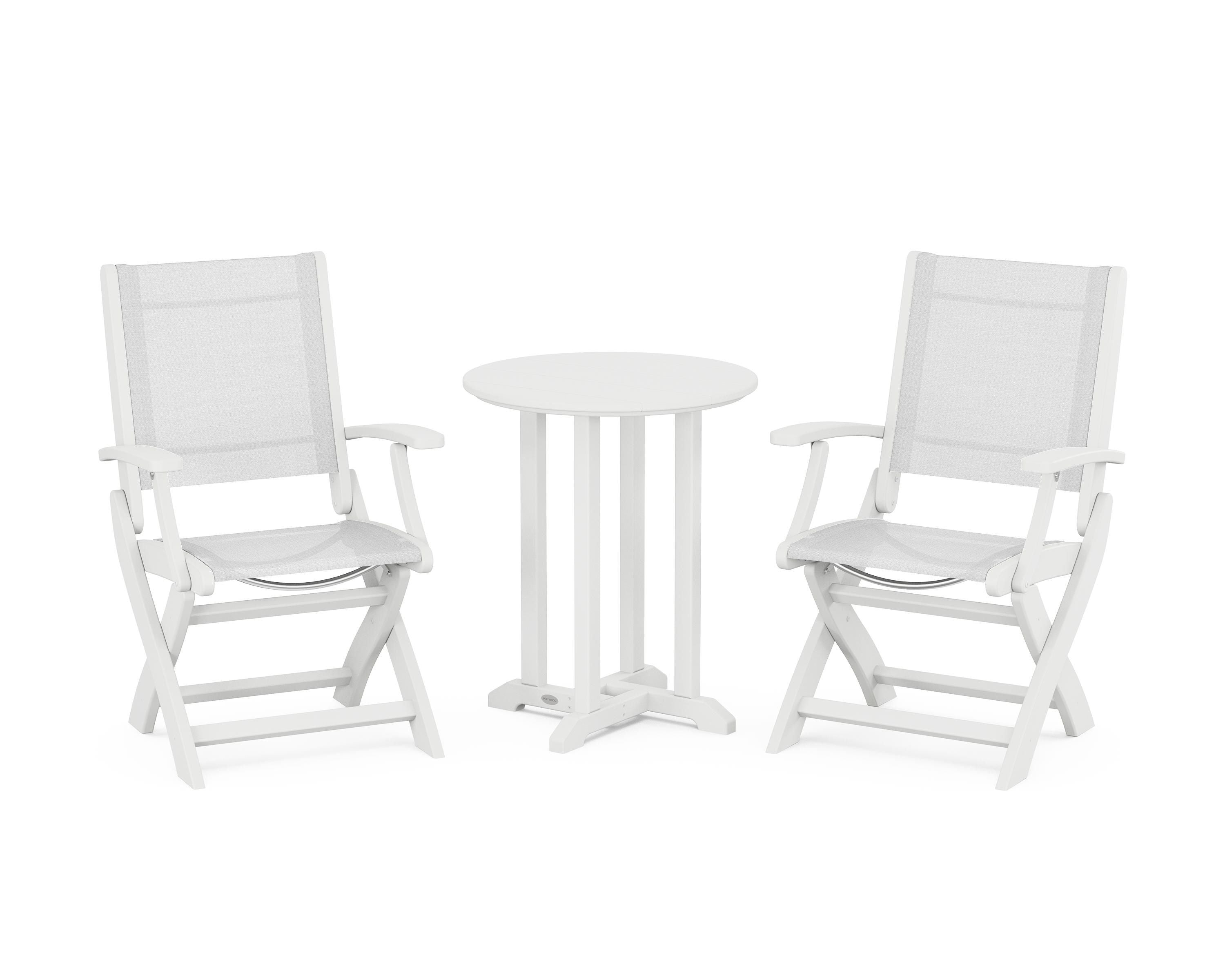 POLYWOOD® Coastal Folding 3-Piece Round Bistro Dining Set in White / White Sling