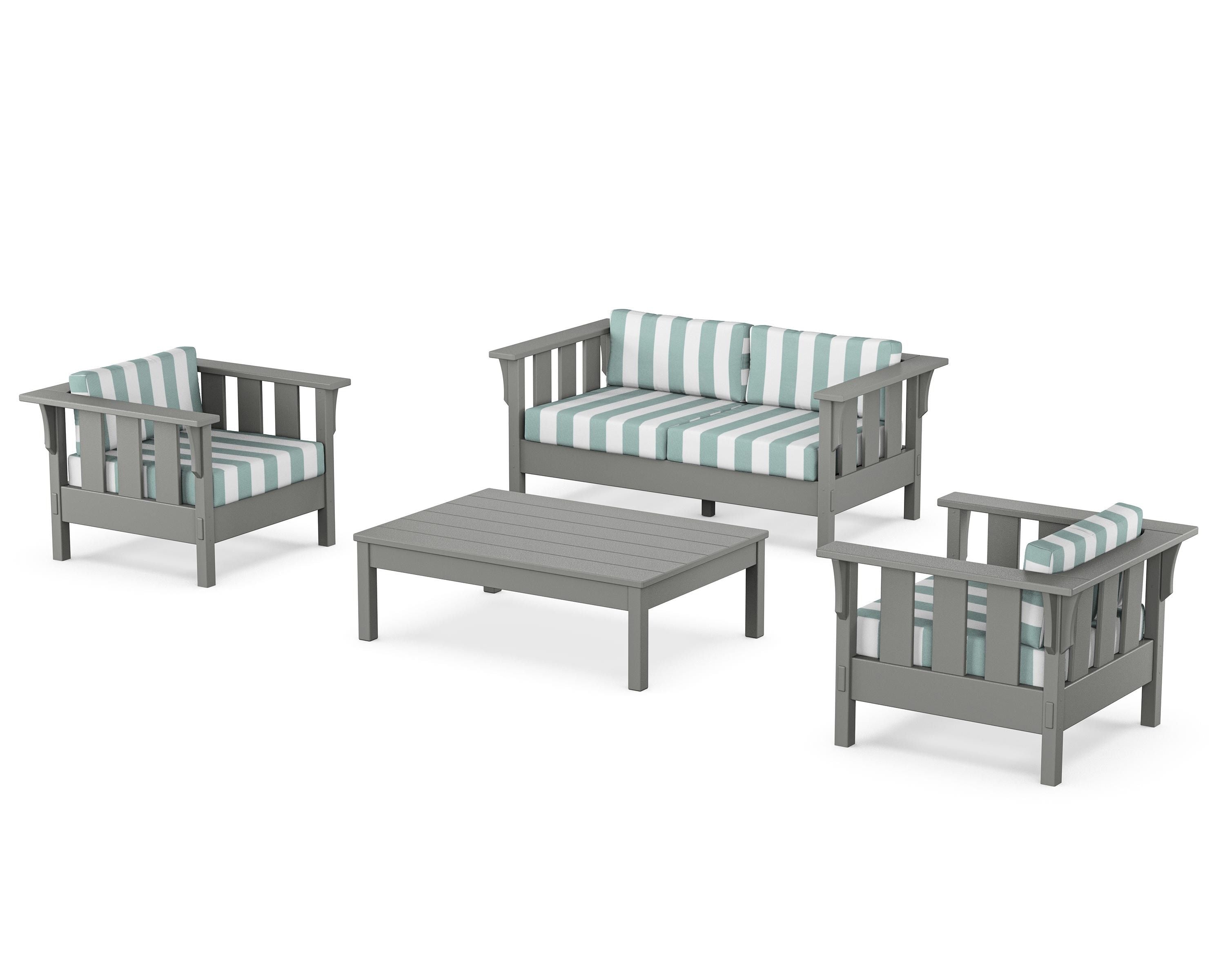 Martha Stewart by POLYWOOD® Acadia 4-Piece Deep Seating Set with Loveseat in Slate Grey / Cabana Stripe Glacier Spa