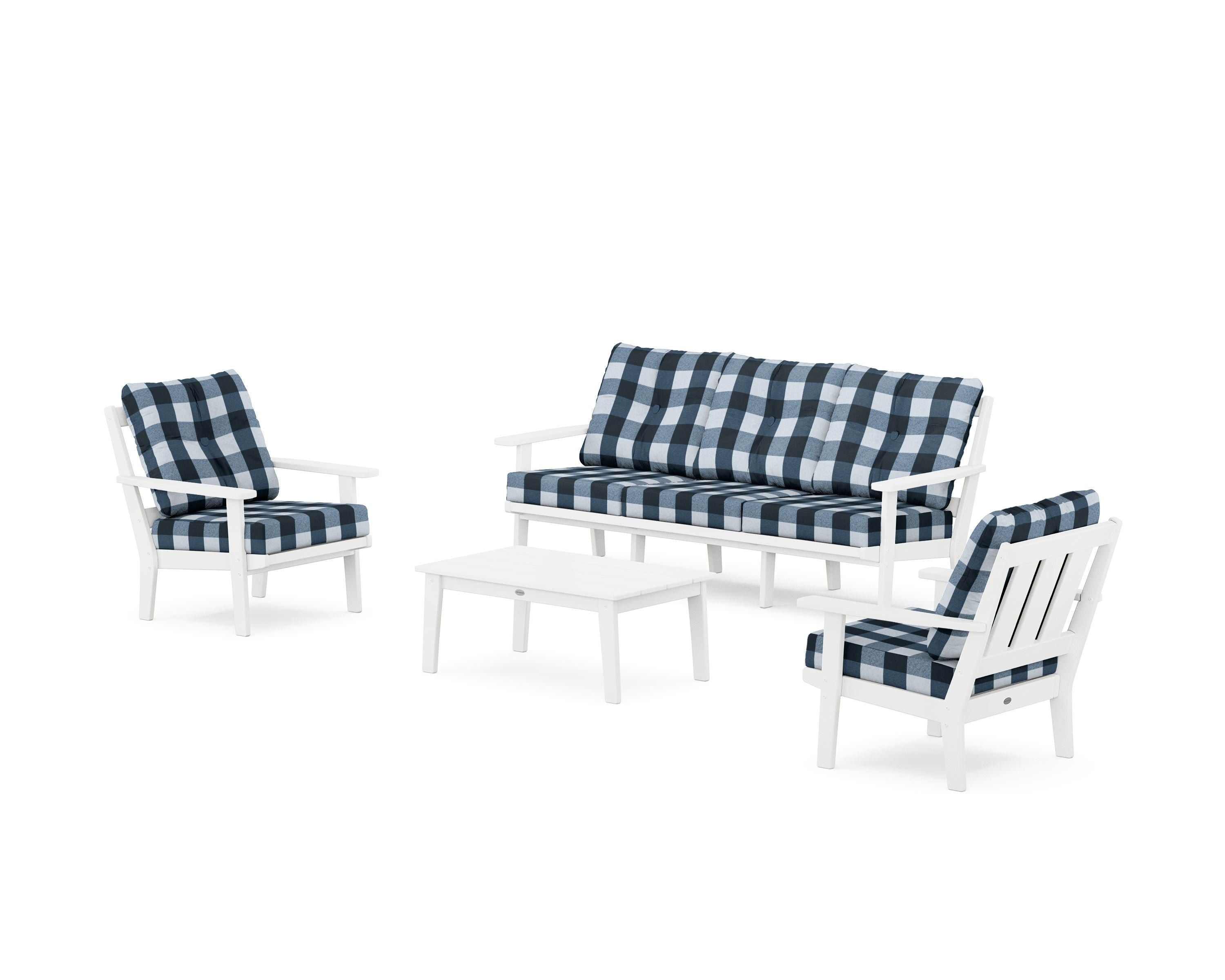 POLYWOOD® Oxford 4-Piece Deep Seating Set with Sofa in White / Buffalo Plaid Marine Indigo
