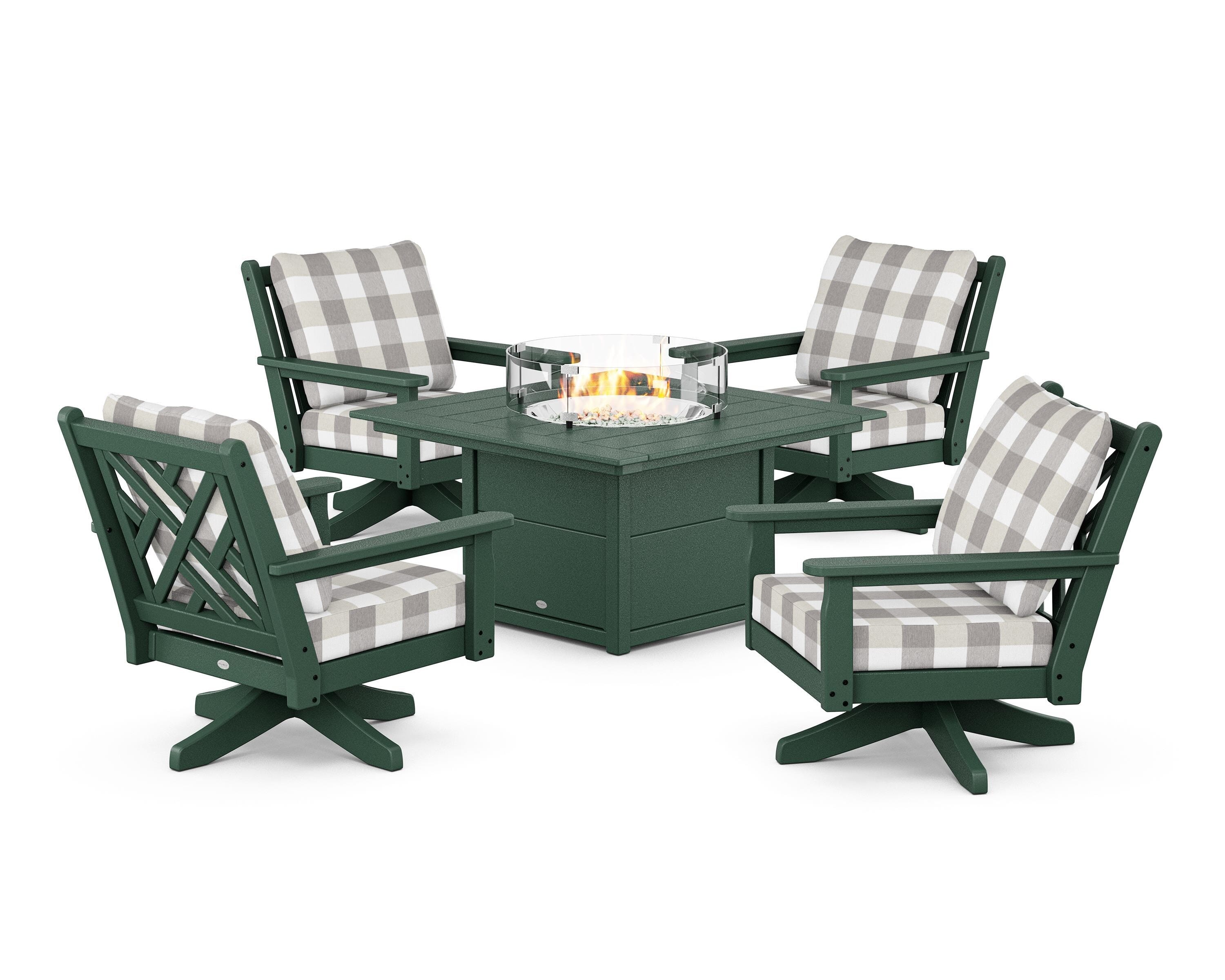 POLYWOOD® Chippendale 5-Piece Deep Seating Swivel Conversation Set with Fire Pit Table in Green / Buffalo Plaid Grey Mist