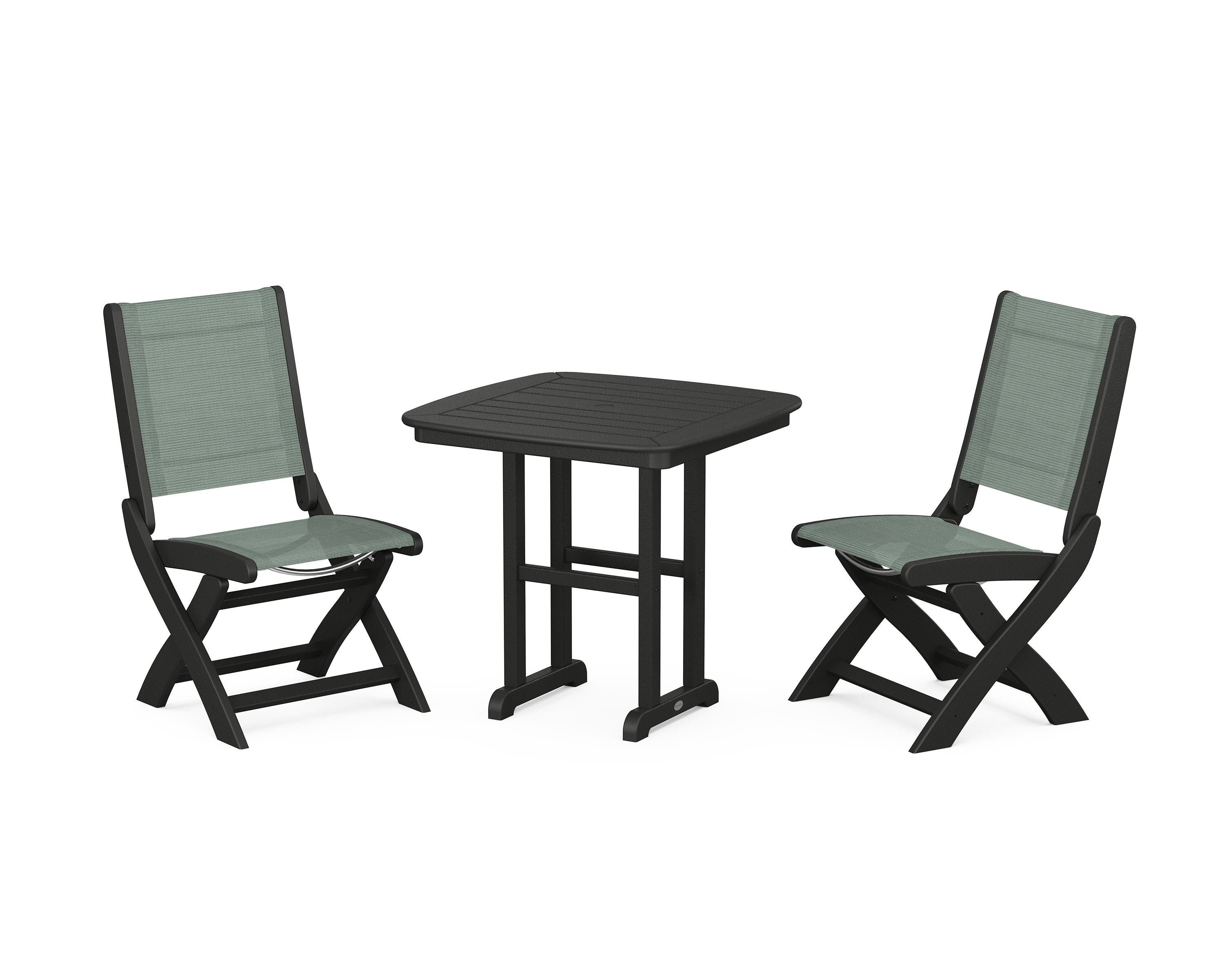POLYWOOD® Coastal Folding Side Chair 3-Piece Dining Set in Black / Dupioni Sea Mist Sling