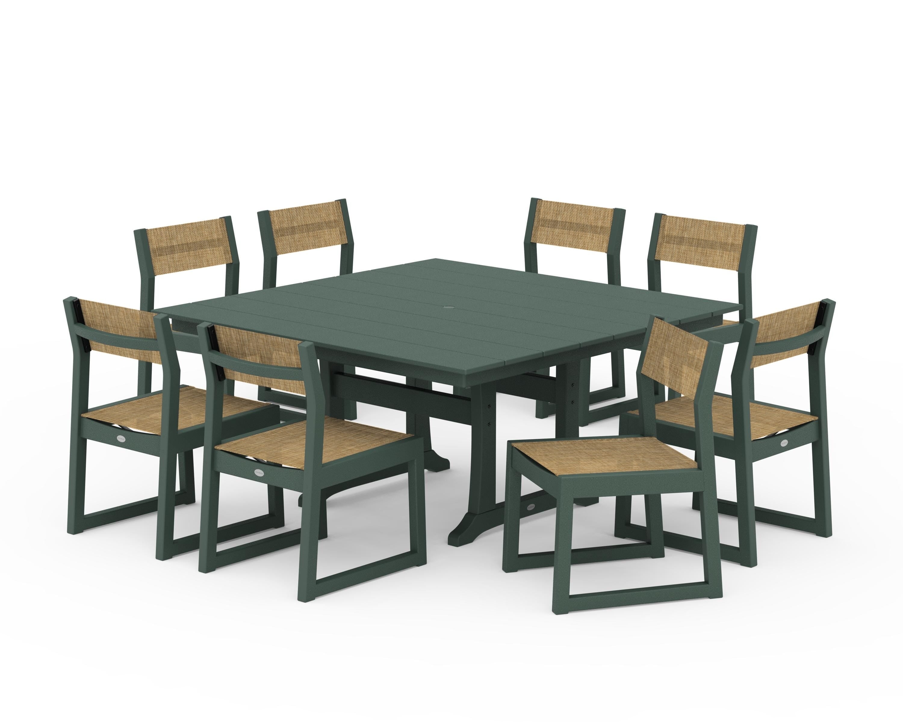 POLYWOOD® EDGE Sling Side Chair 9-Piece Farmhouse Trestle Dining Set in Green / Burlap Sling