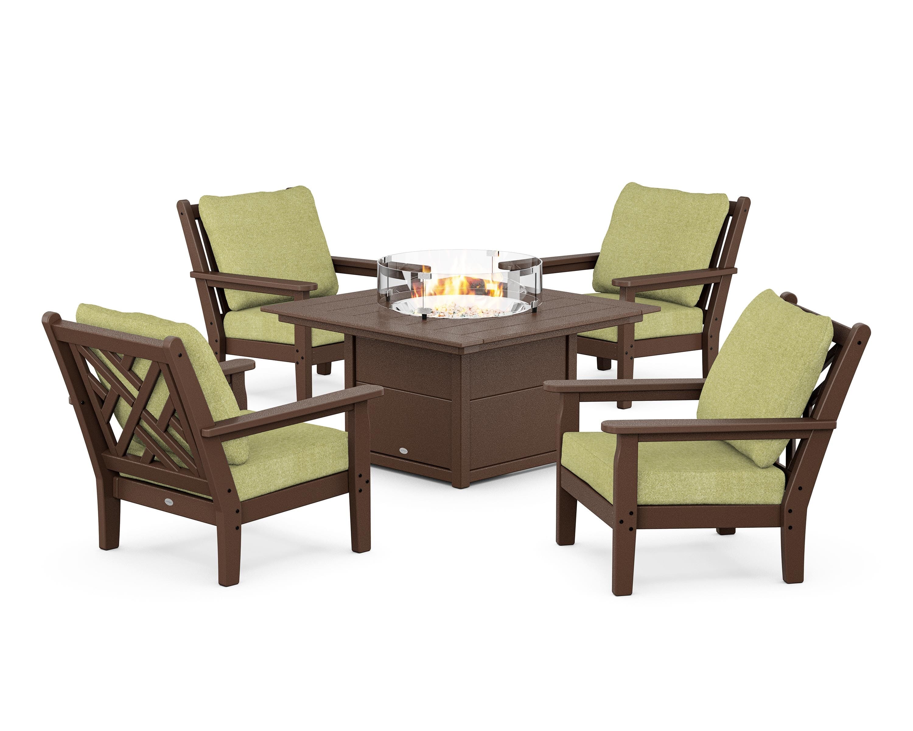 POLYWOOD® Chippendale 5-Piece Deep Seating Set with Fire Pit Table in Mahogany / Chartreuse Boucle