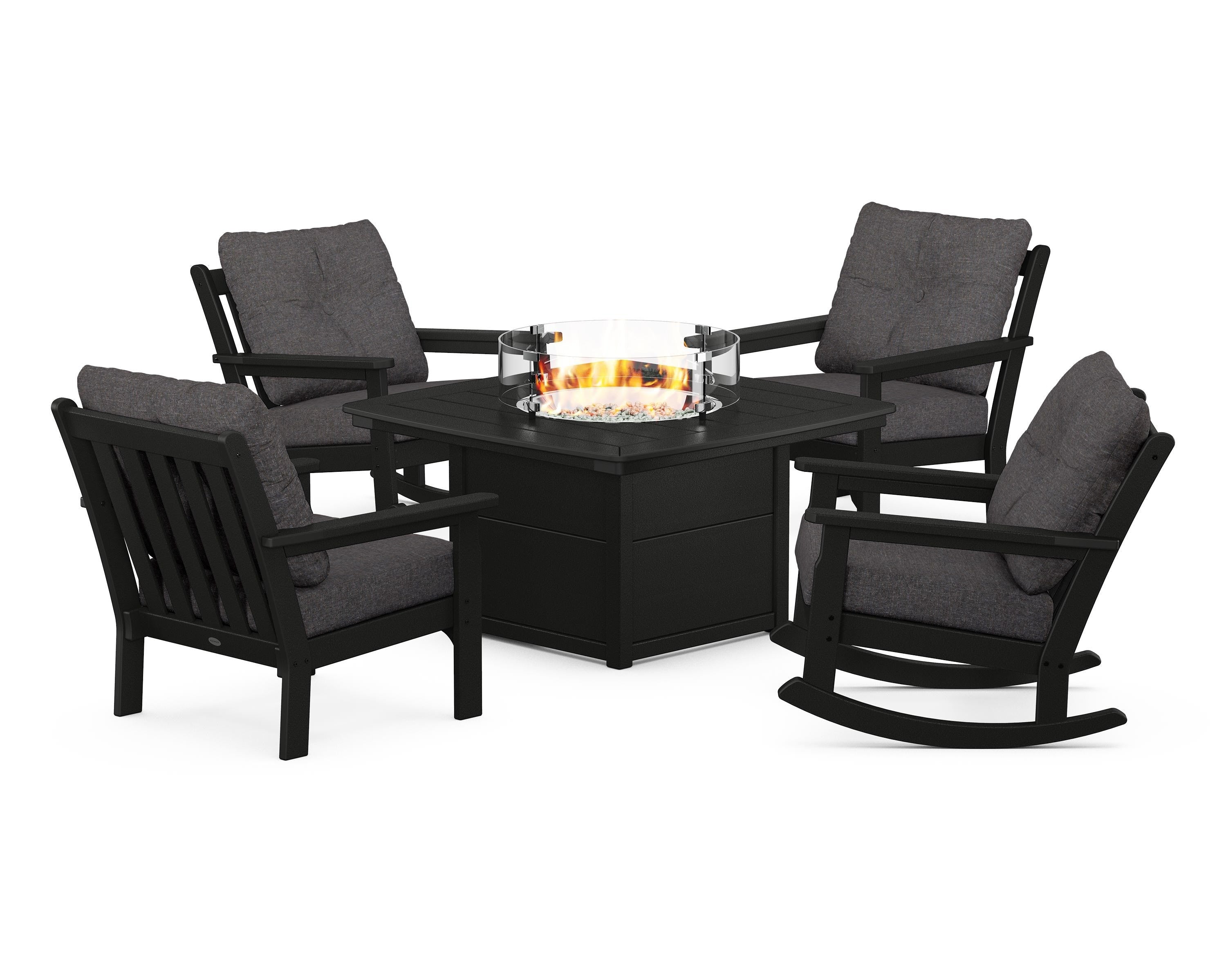 POLYWOOD® Vineyard 5-Piece Deep Seating Rocking Chair Conversation Set with Fire Pit Table in Black / Ash Charcoal