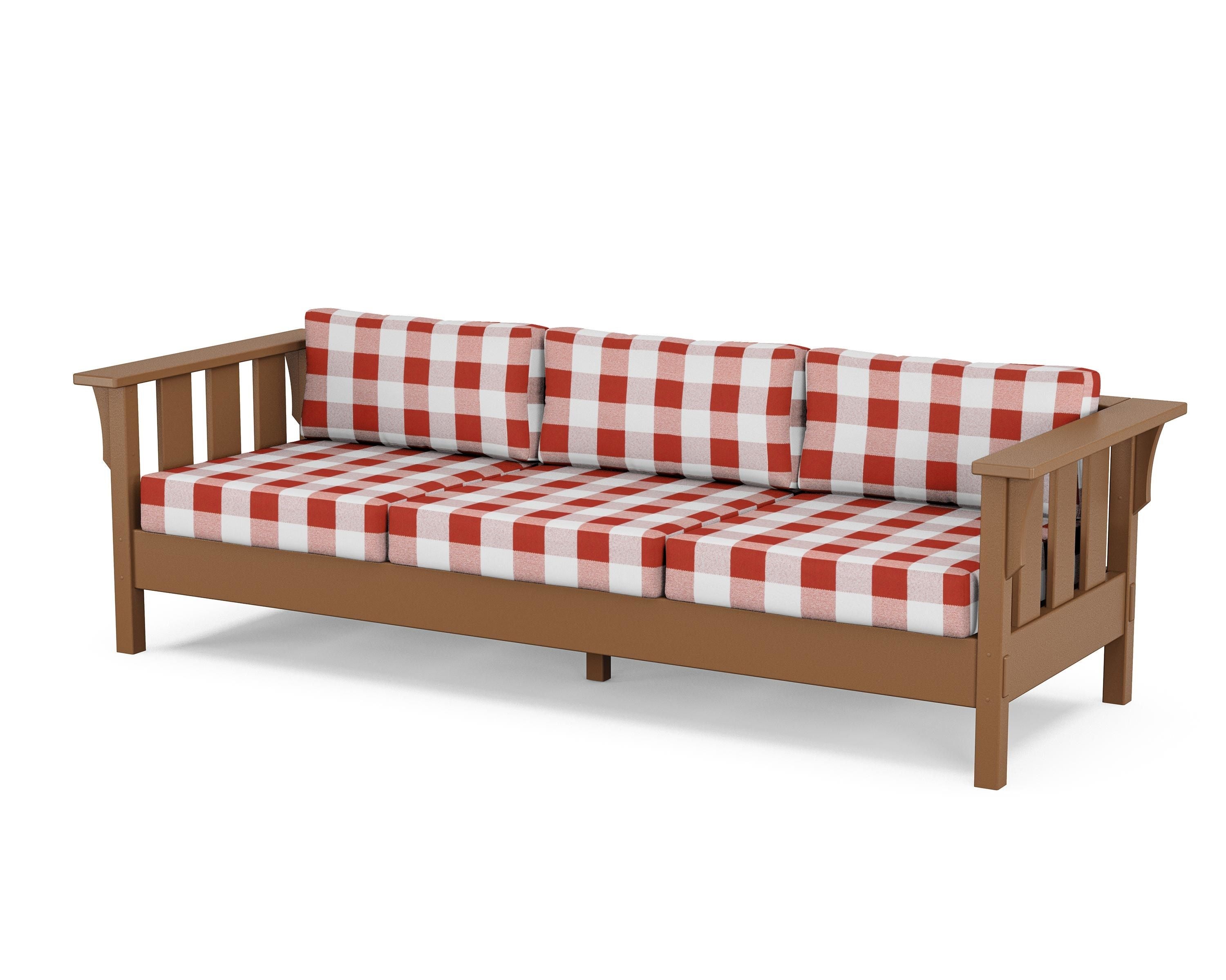 Martha Stewart by POLYWOOD® Acadia Deep Seating Sofa in Teak / Buffalo Plaid Crimson