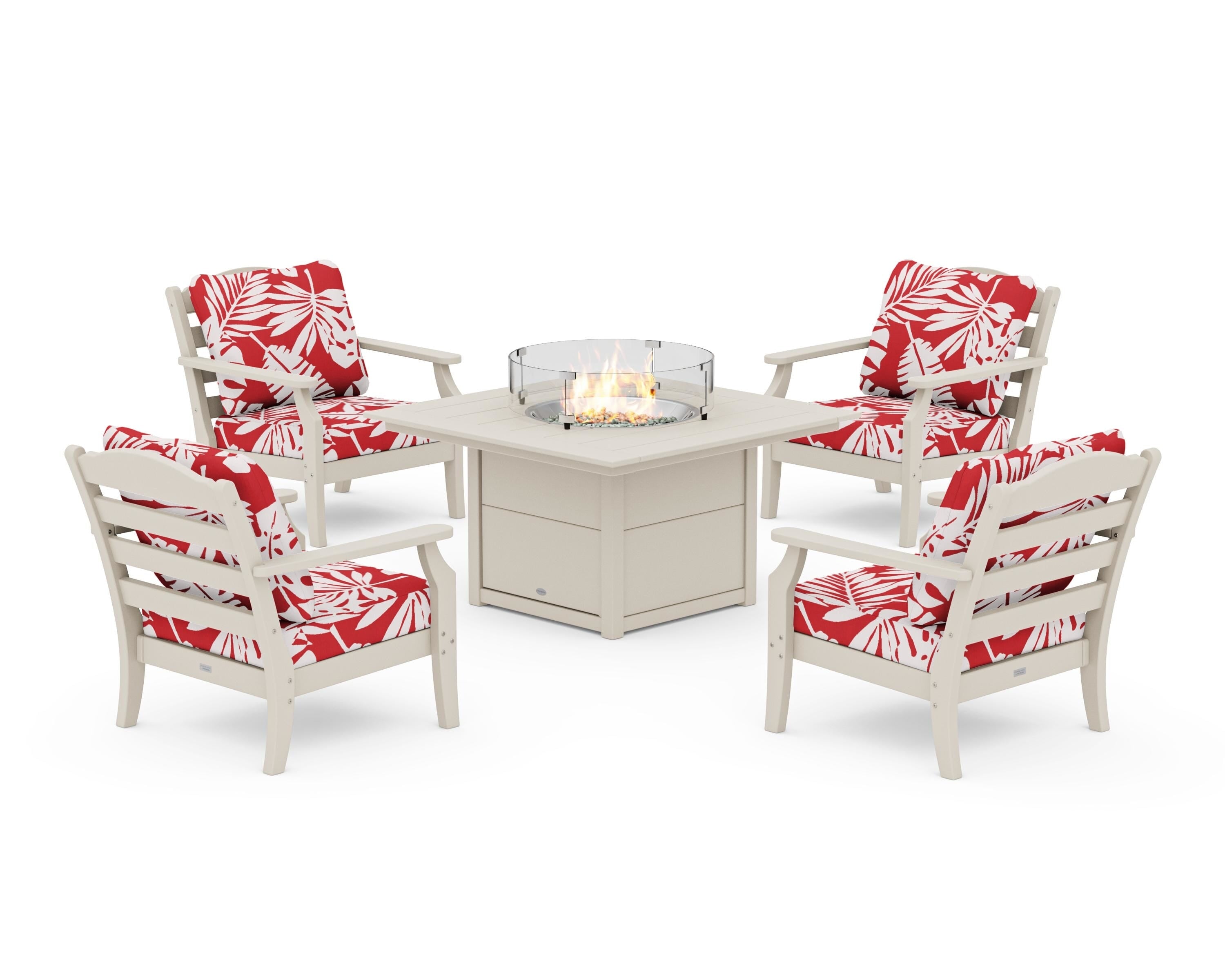 Draper James™ by POLYWOOD® Savannah 5-Piece Deep Seating Set with Fire Pit Table in Sand / Leaf Crimson