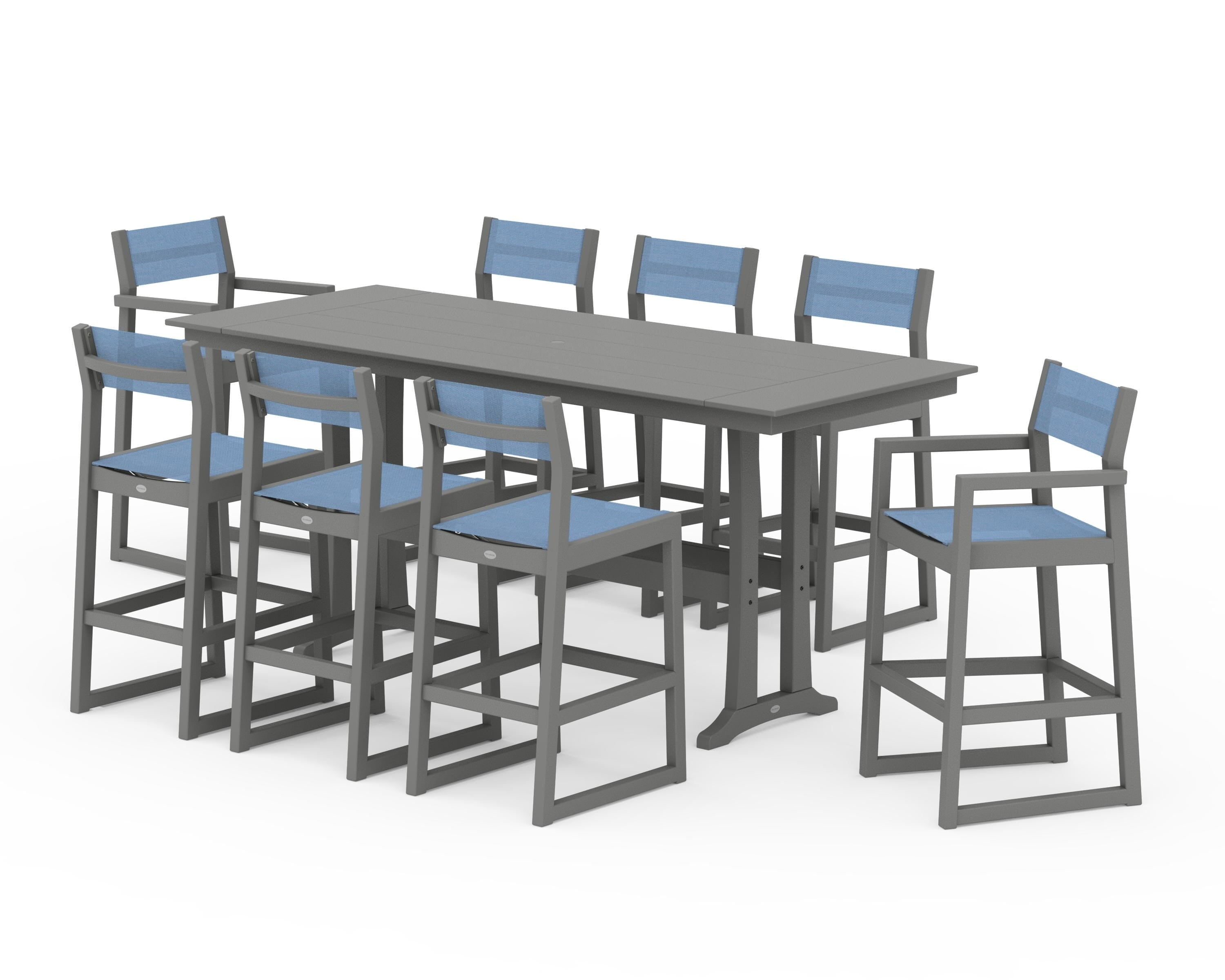 POLYWOOD® EDGE Sling 9-Piece Farmhouse Bar Set with Trestle Legs in Slate Grey / Poolside Sling