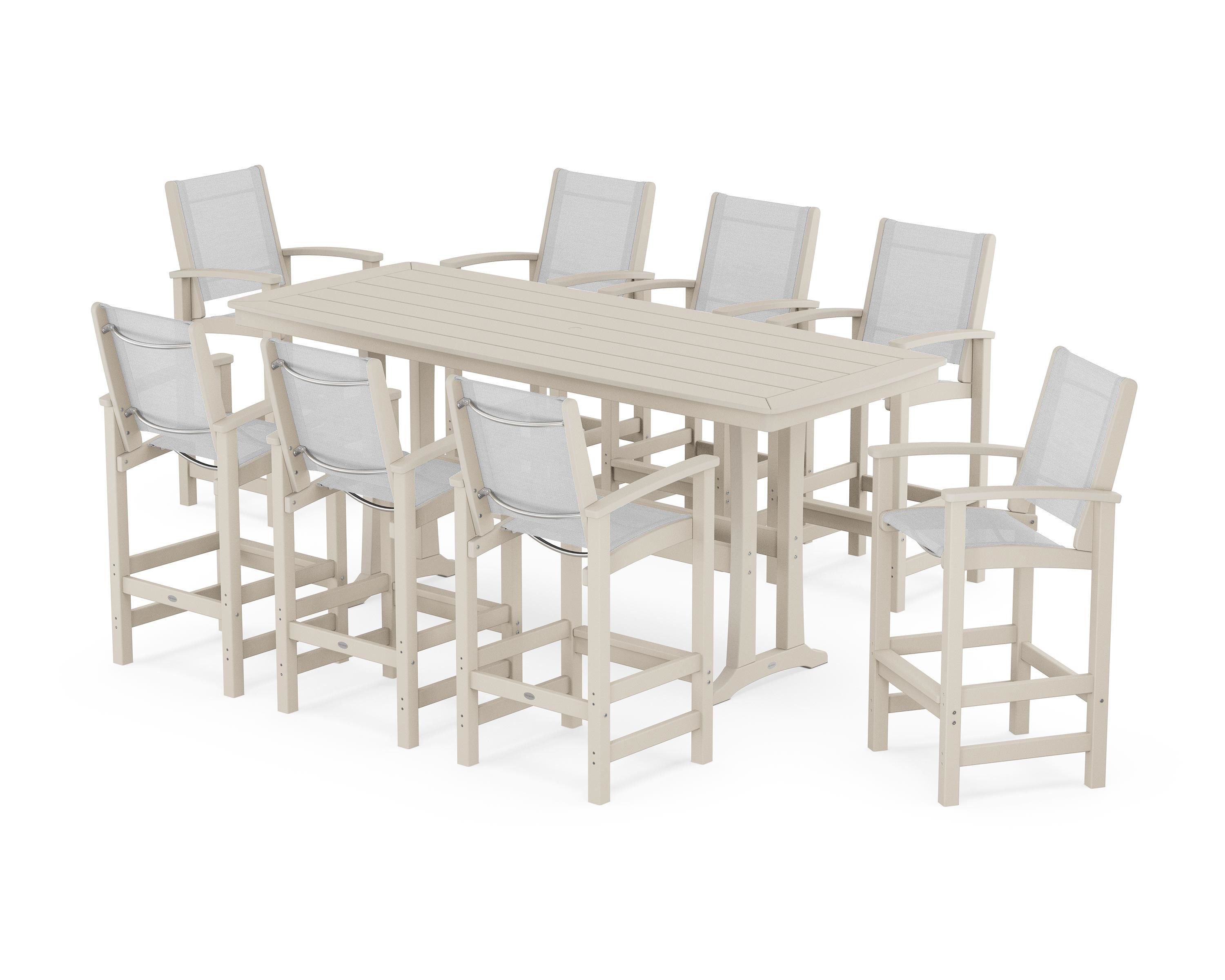 POLYWOOD® Coastal 9-Piece Bar Set with Trestle Legs in Sand / White Sling